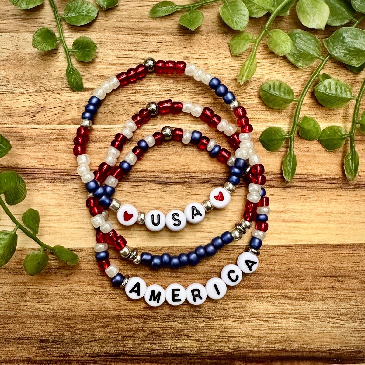 Red White Blue Seed Bead Bracelet Stack