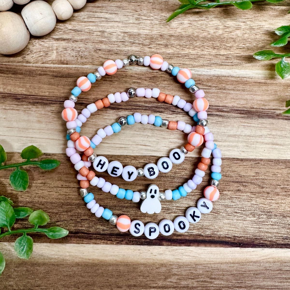 Orange White Black Beaded Halloween Bracelet Stack