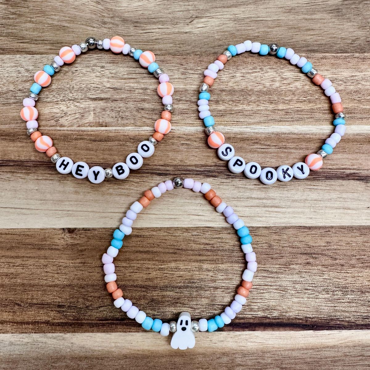 Orange White Black Beaded Halloween Bracelet Stack view 2