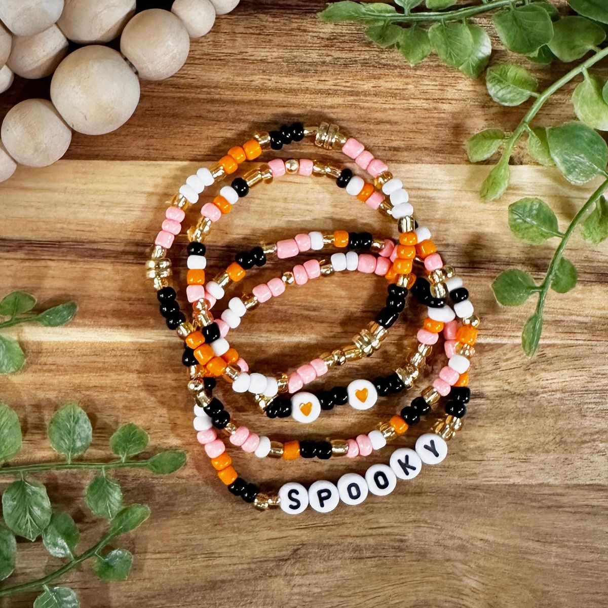 Spooky Beaded Halloween Bracelet Stack with Orange & Black