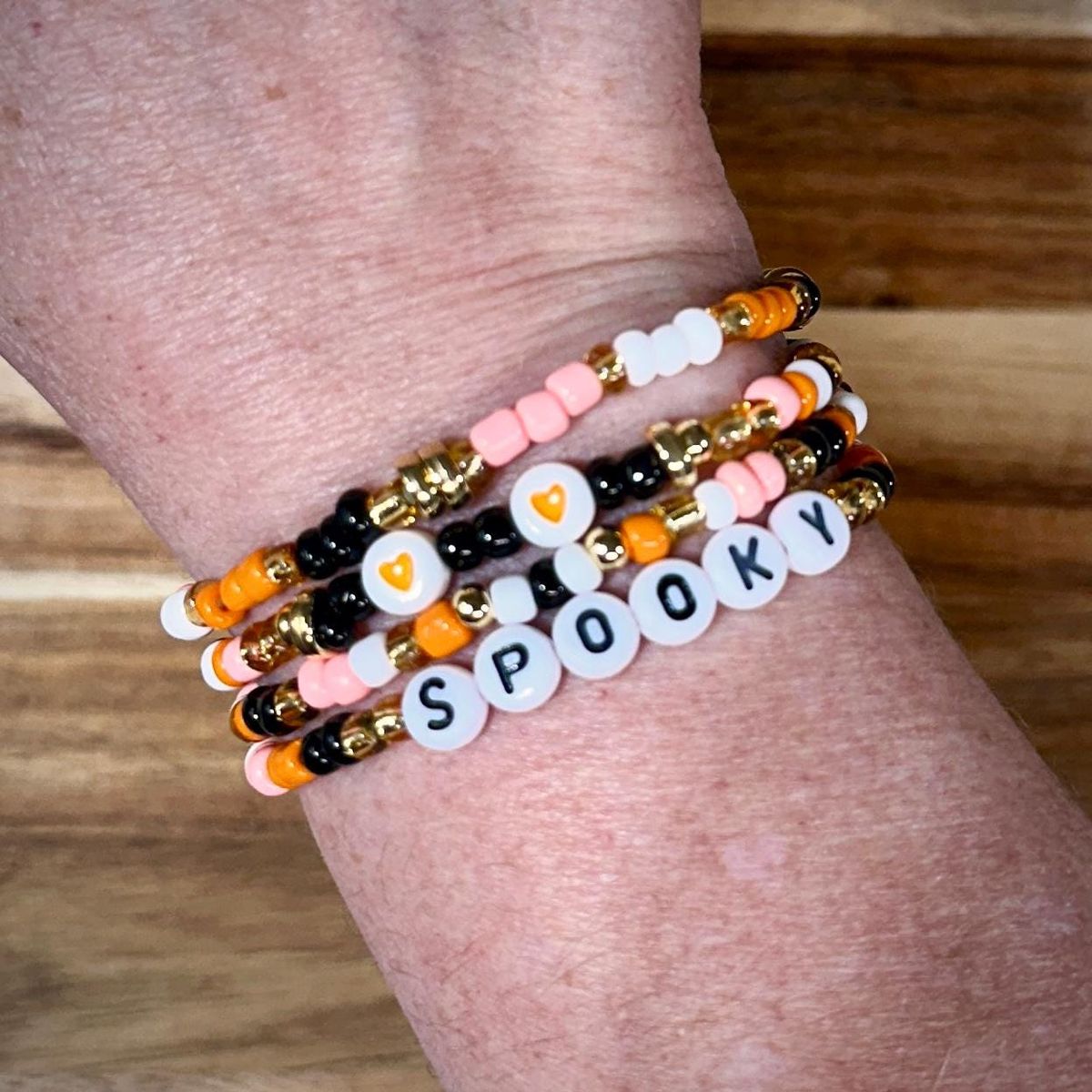 Spooky Beaded Halloween Bracelet Stack with Orange & Black view 3