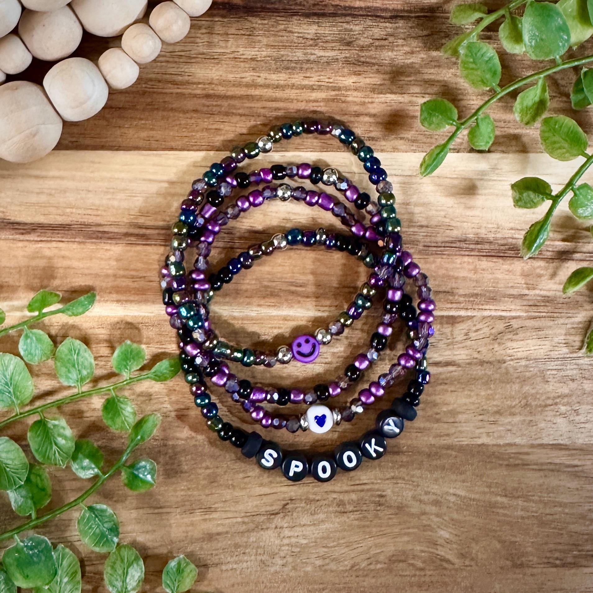 Purple & Black Glitter Spooky Beaded Halloween Bracelet Stack