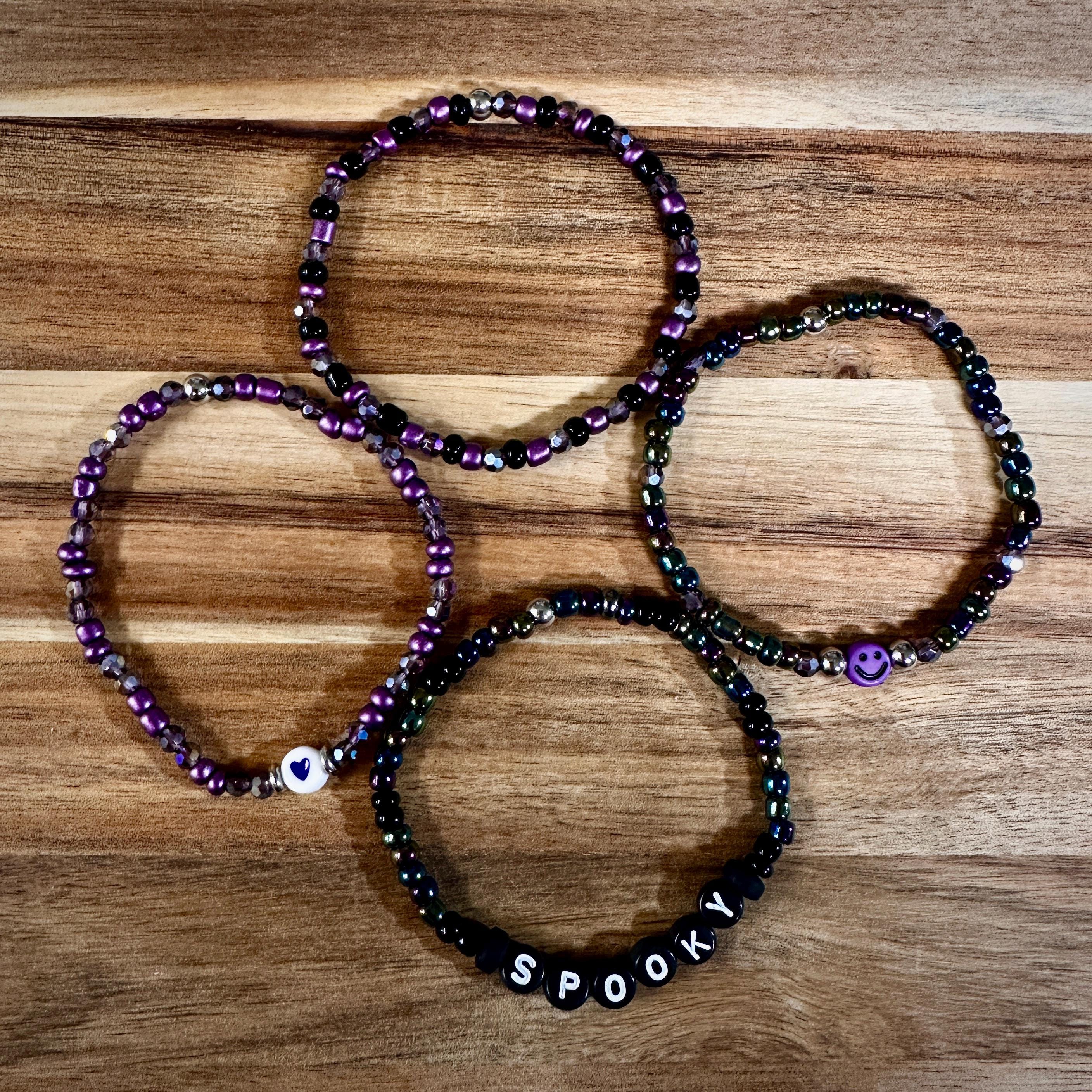 Purple & Black Glitter Spooky Beaded Halloween Bracelet Stack view 2