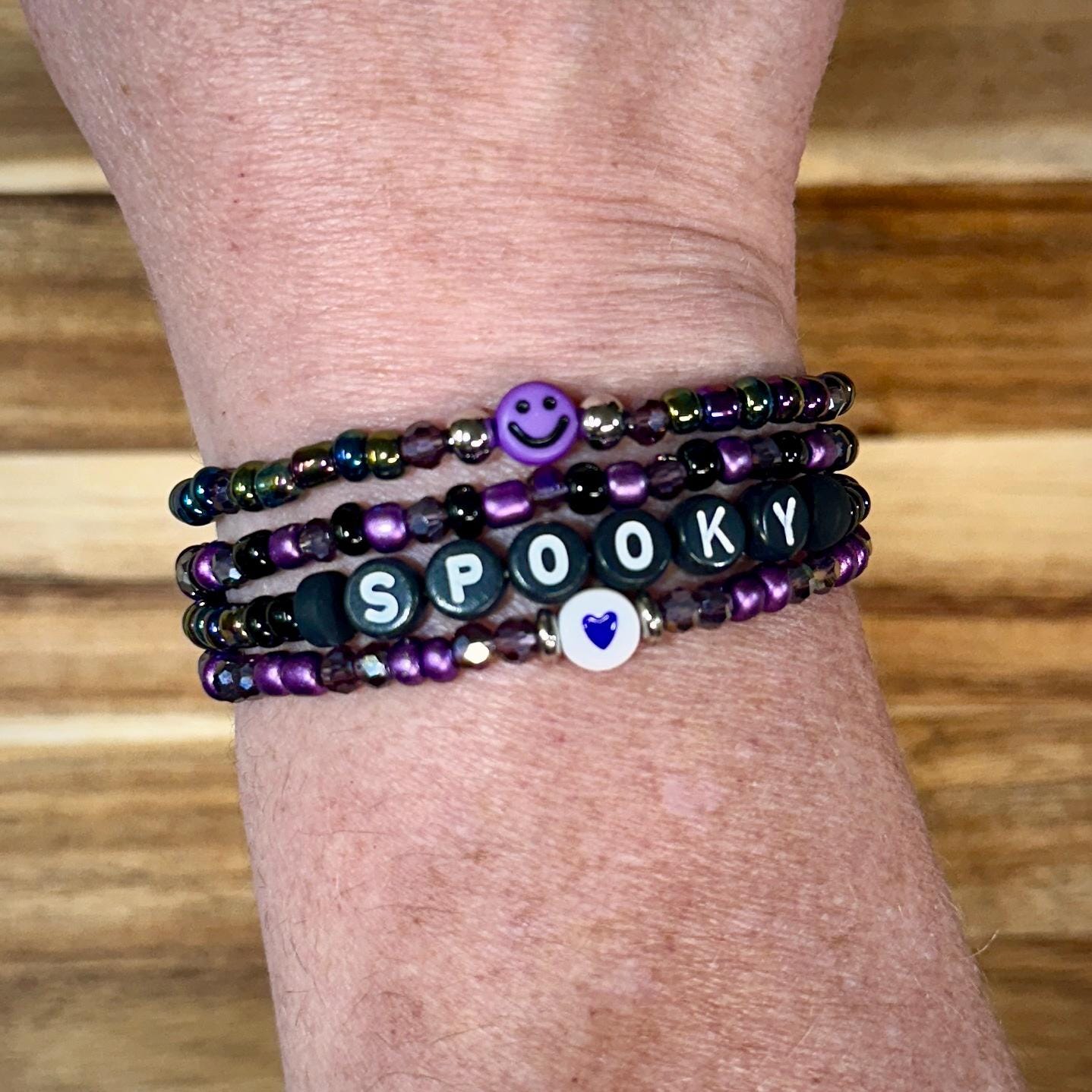 Purple & Black Glitter Spooky Beaded Halloween Bracelet Stack view 3
