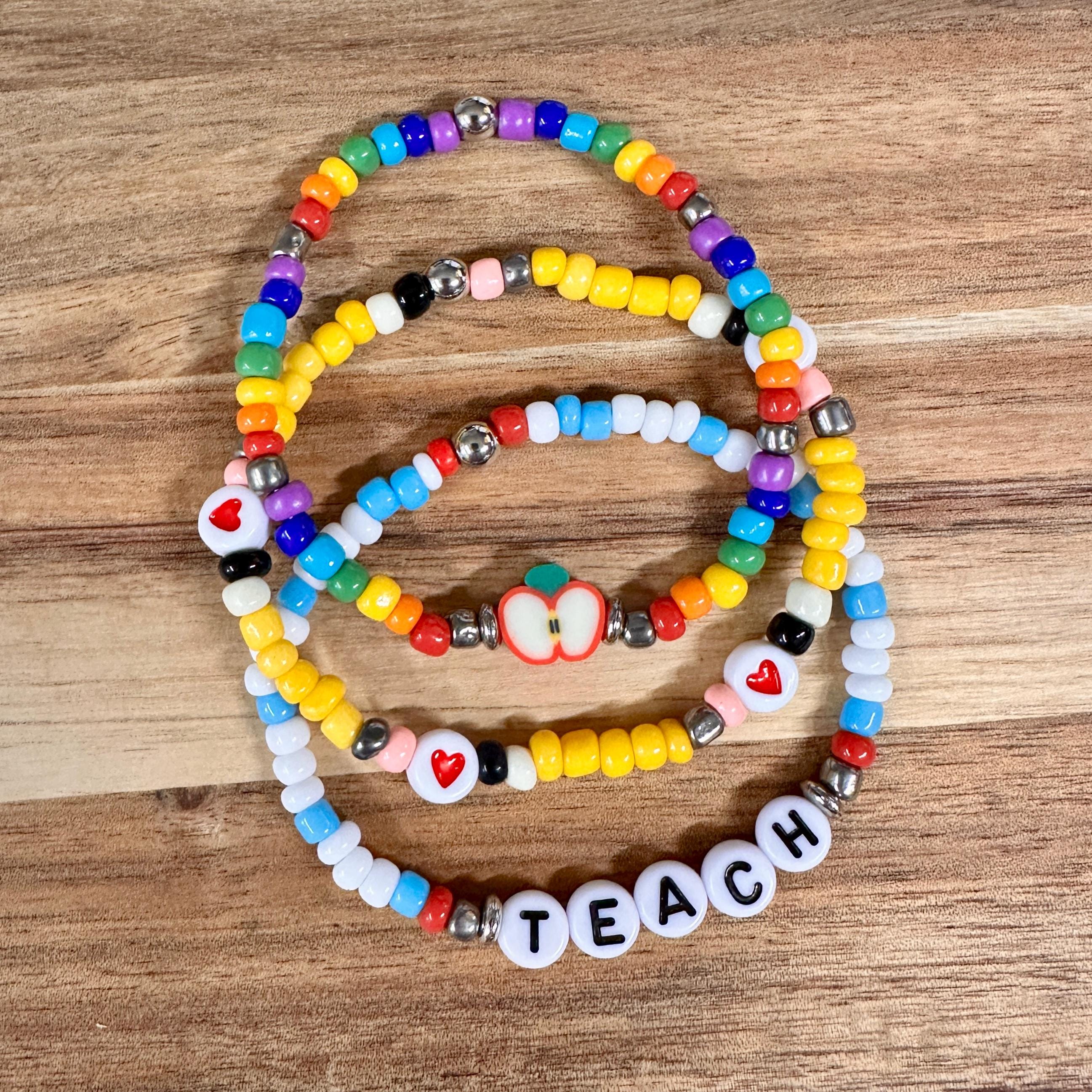 Teacher Bracelet Set: Seed Bead Pencil, Notebook, Rainbow Apple view 2