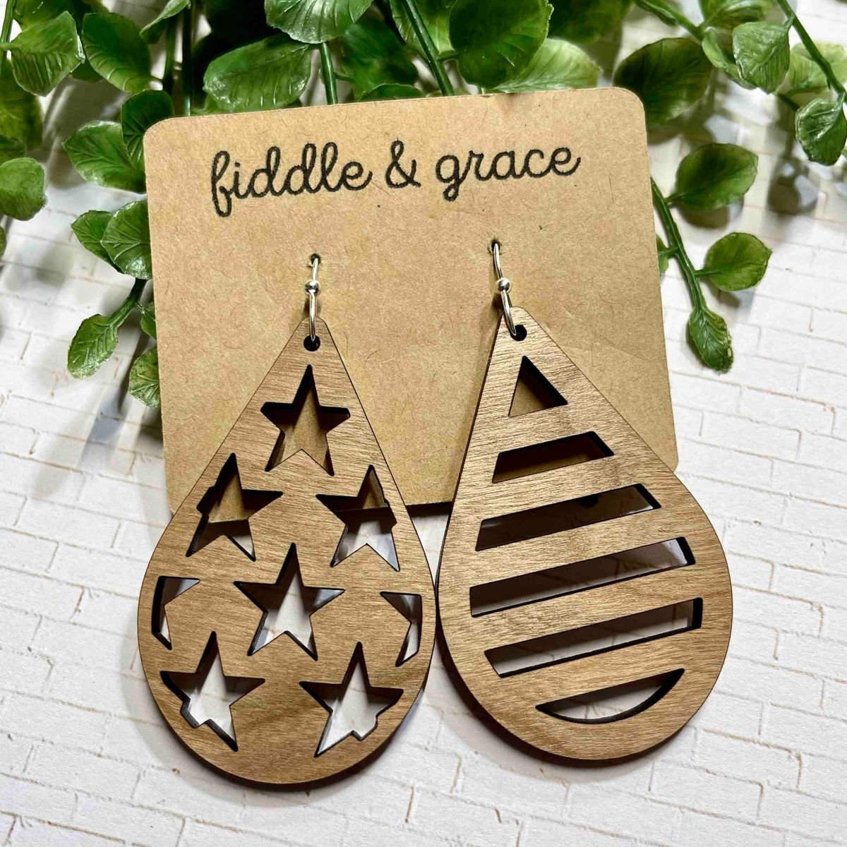 Wooden Star Striped Teardrop Earrings