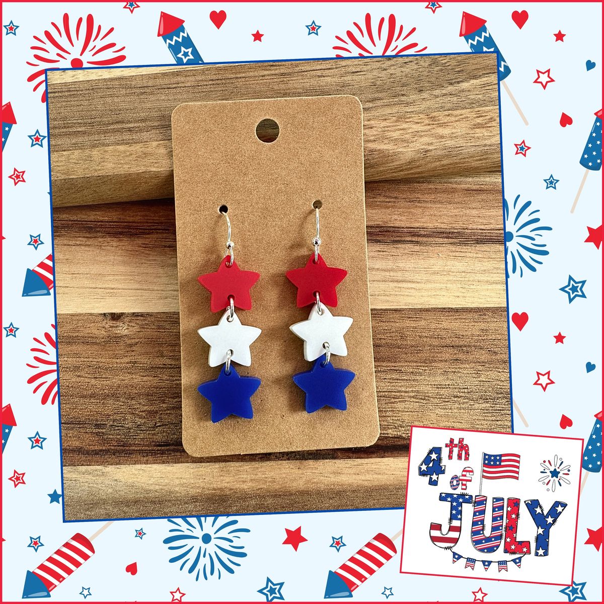 Red White Navy Star Dangle Earrings