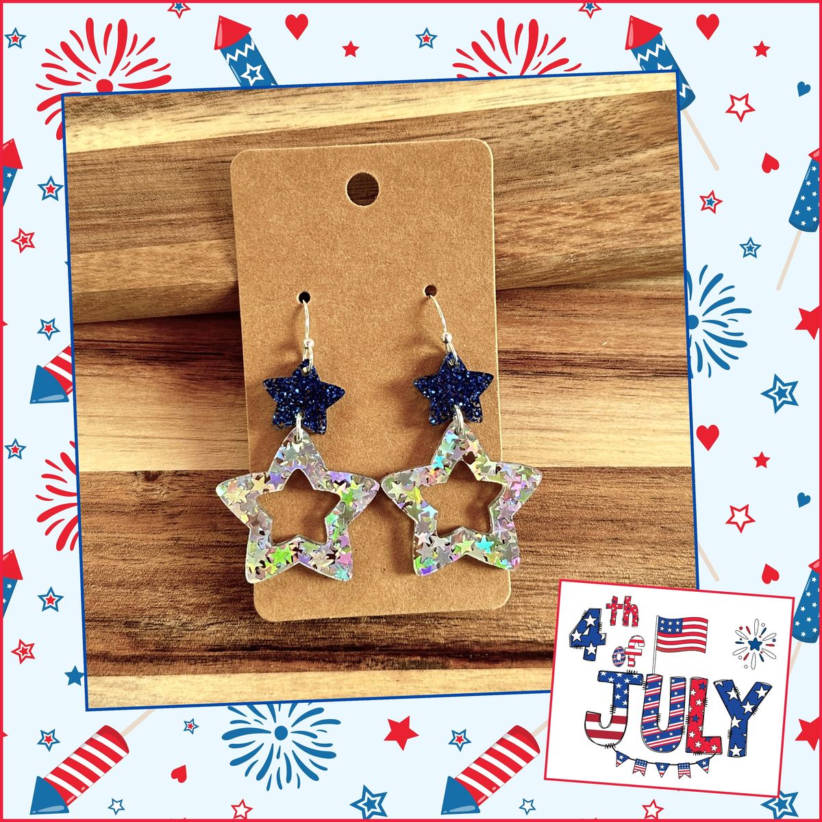 Navy Star Silver Glitter Star Earrings