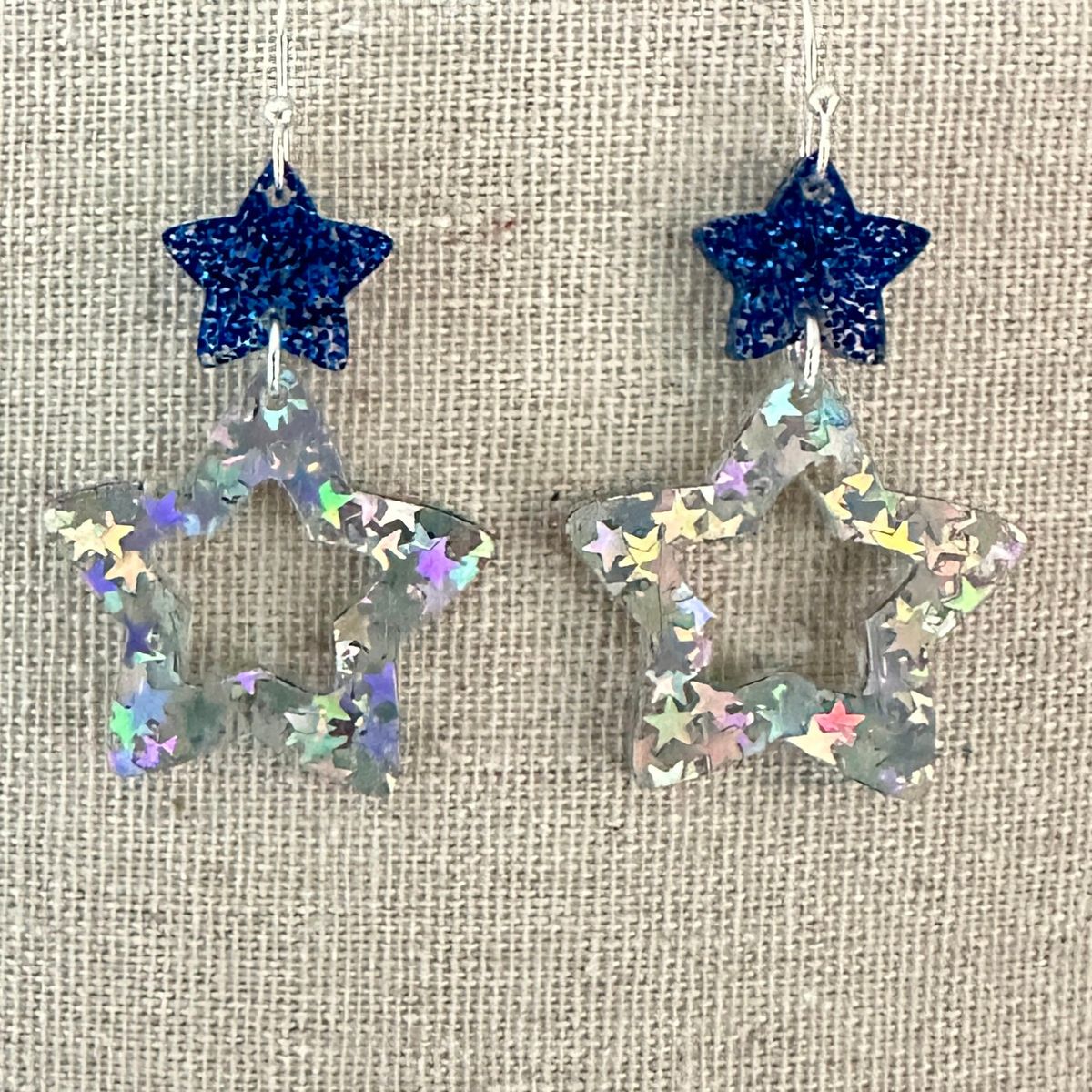 Navy Star Silver Glitter Star Earrings view 2