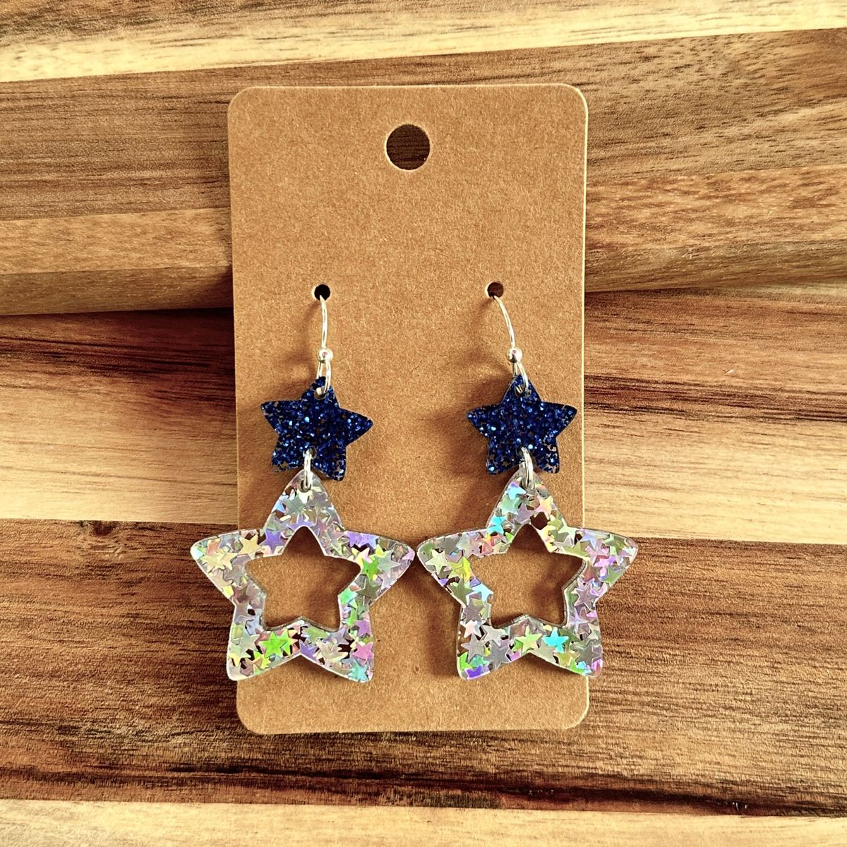 Navy Star Silver Glitter Star Earrings view 3