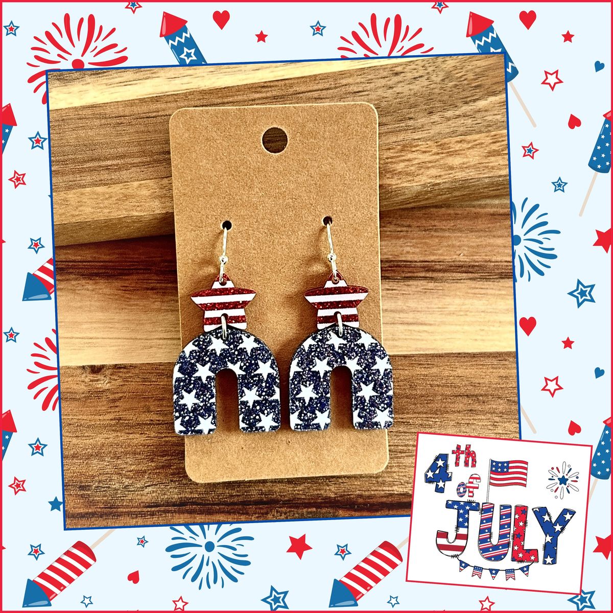 Navy Star Patterned Arch Dangle Earrings