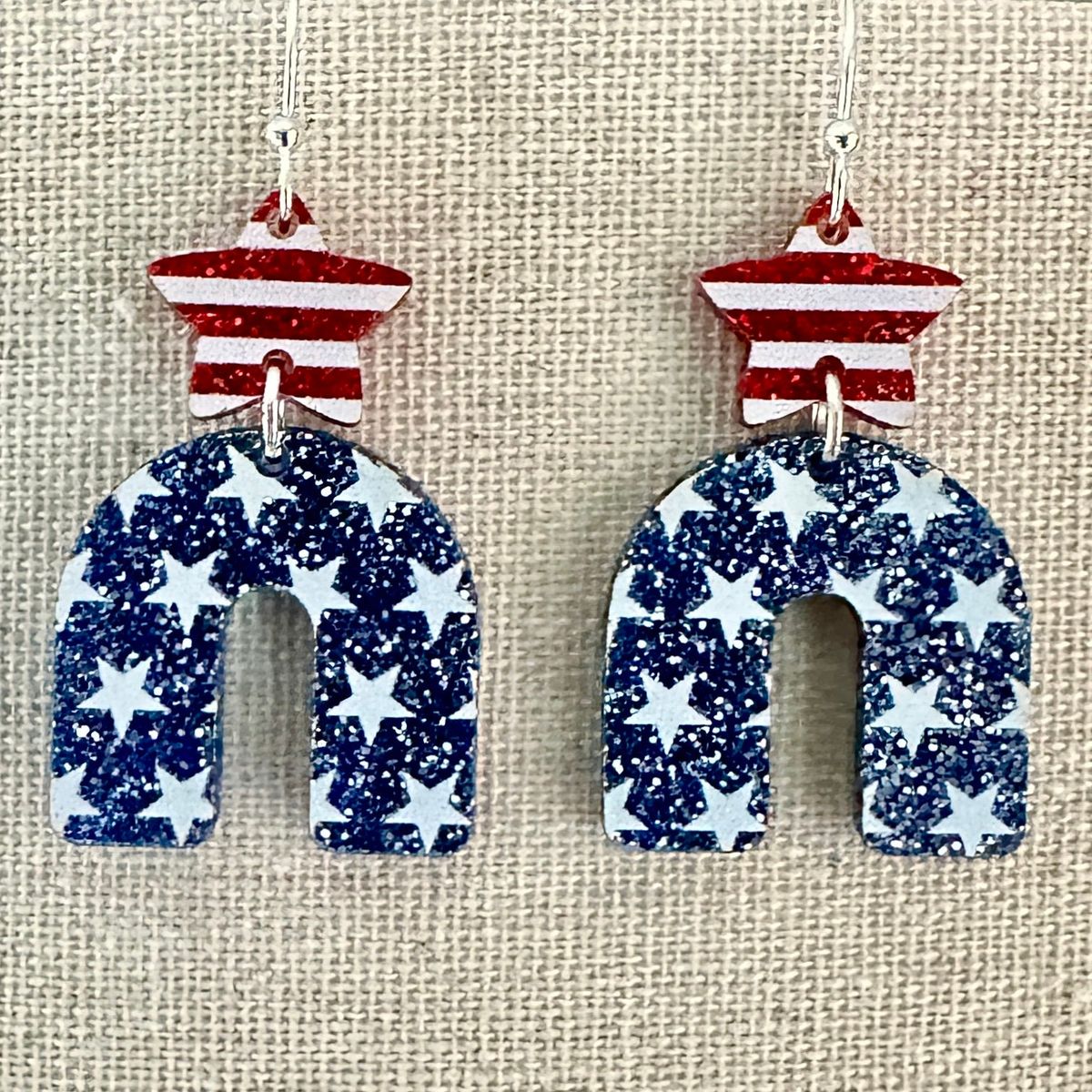 Navy Star Patterned Arch Dangle Earrings view 2