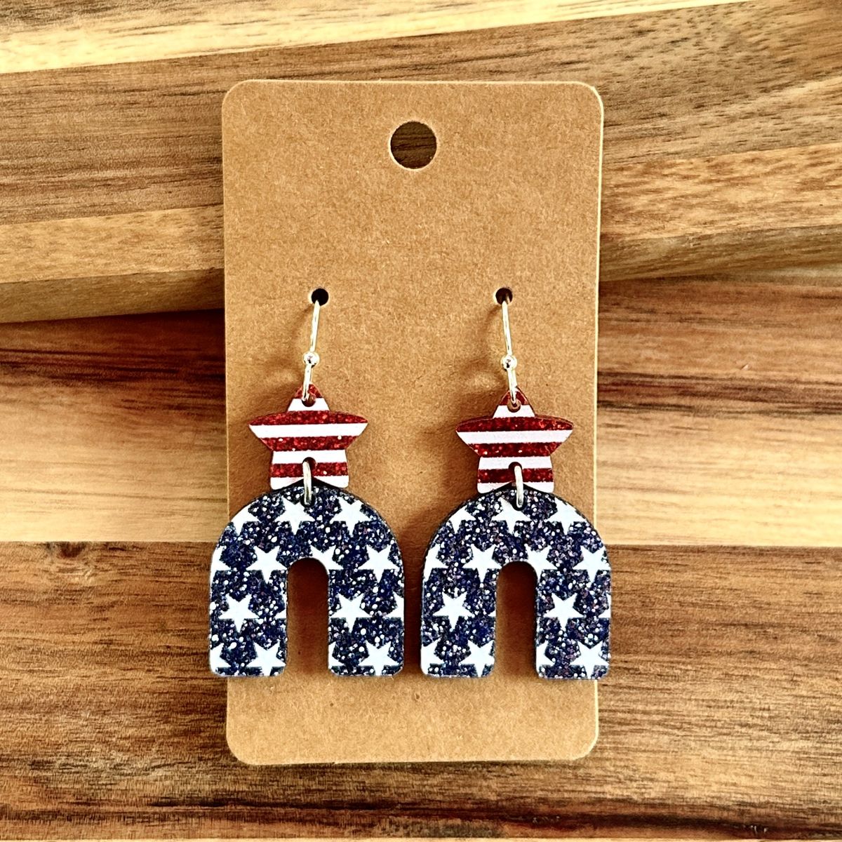 Navy Star Patterned Arch Dangle Earrings view 3