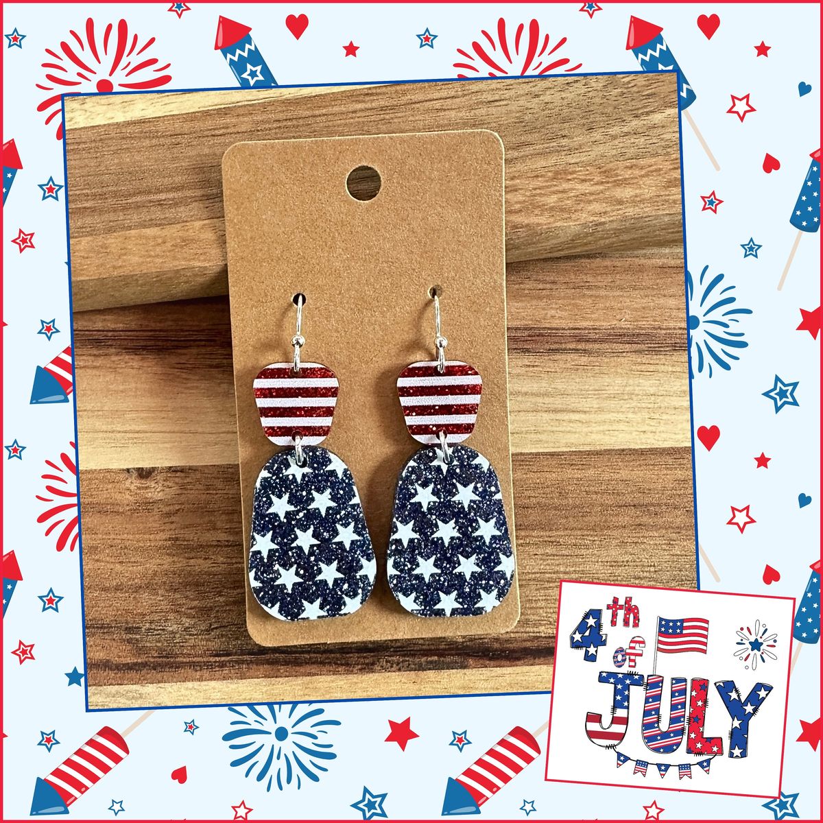 Striped Red Navy Star Pendant Earrings