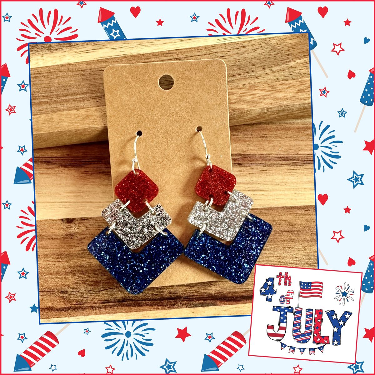 Red Glitter White Navy Square Earrings