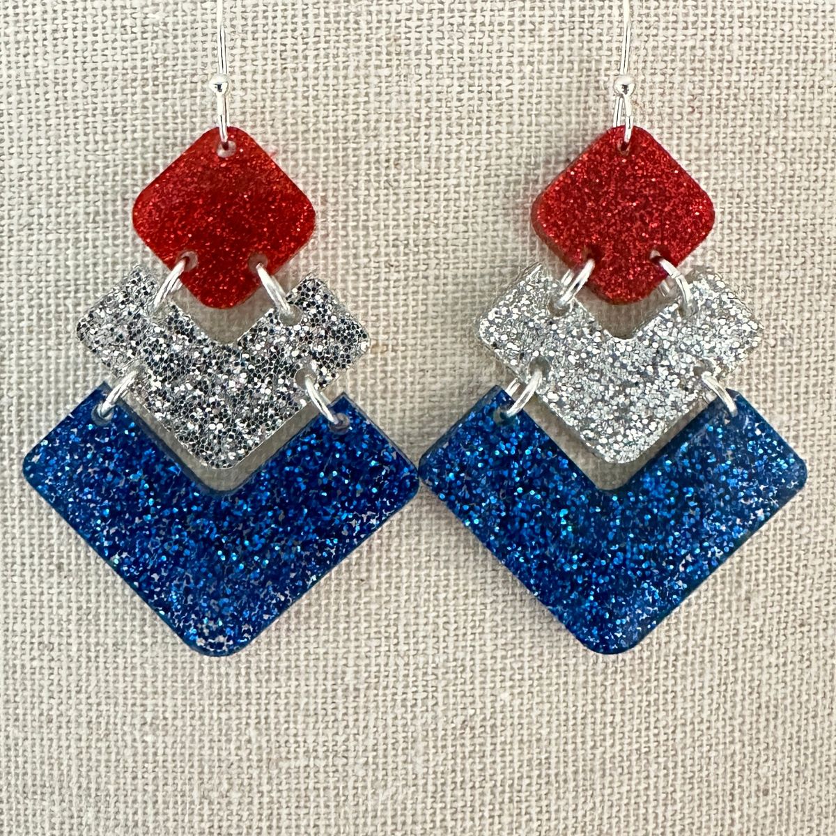Red Glitter White Navy Square Earrings view 2