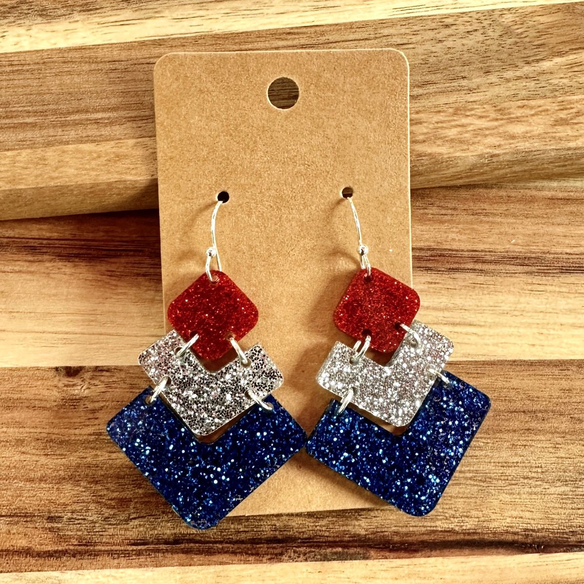 Red Glitter White Navy Square Earrings view 3