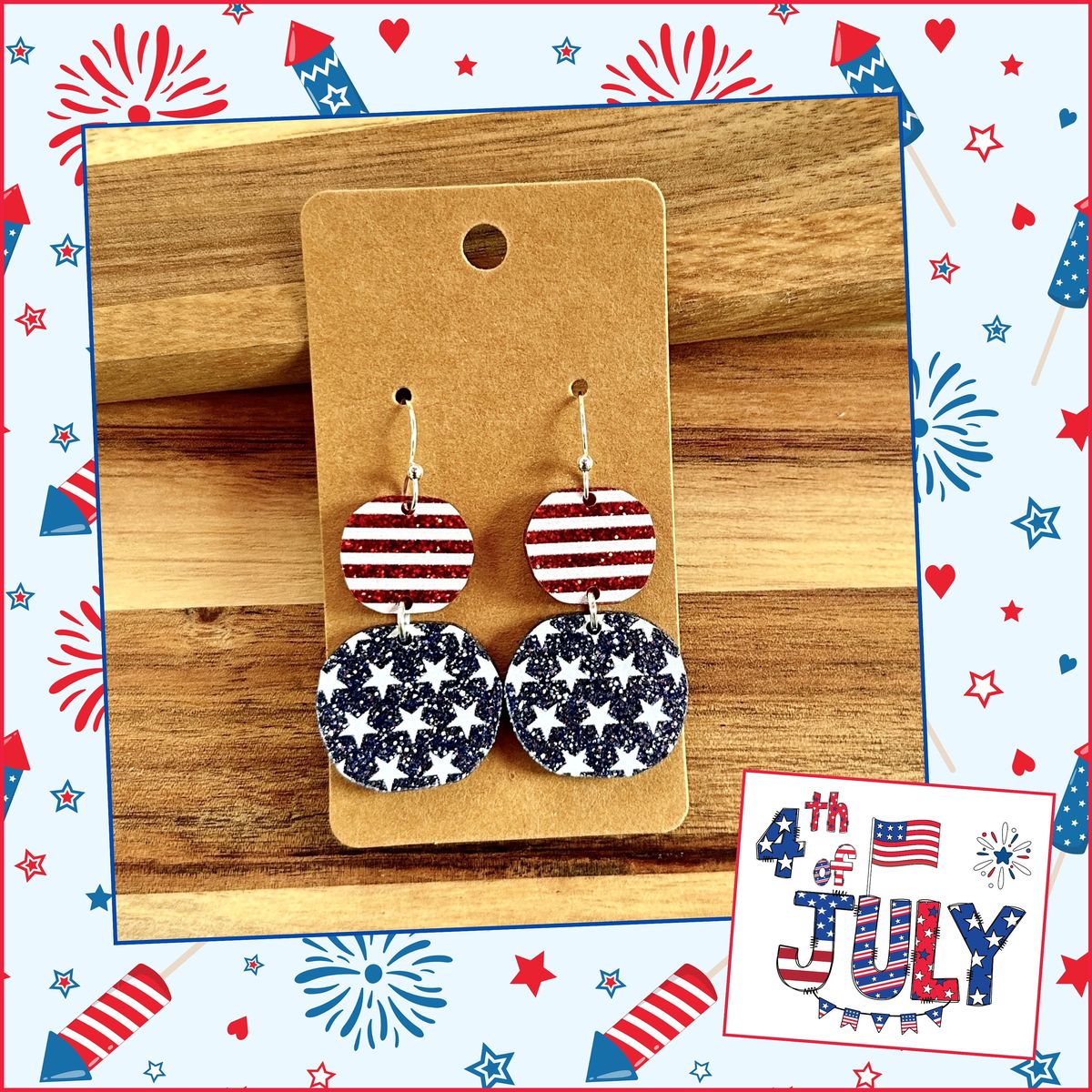 Striped Red Navy Star Drop Earrings