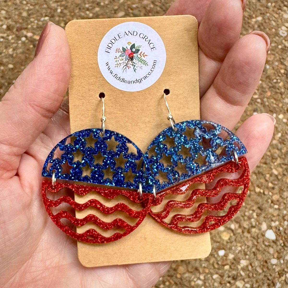 Red White Blue Glitter Dangle Patriotic Earrings view 2