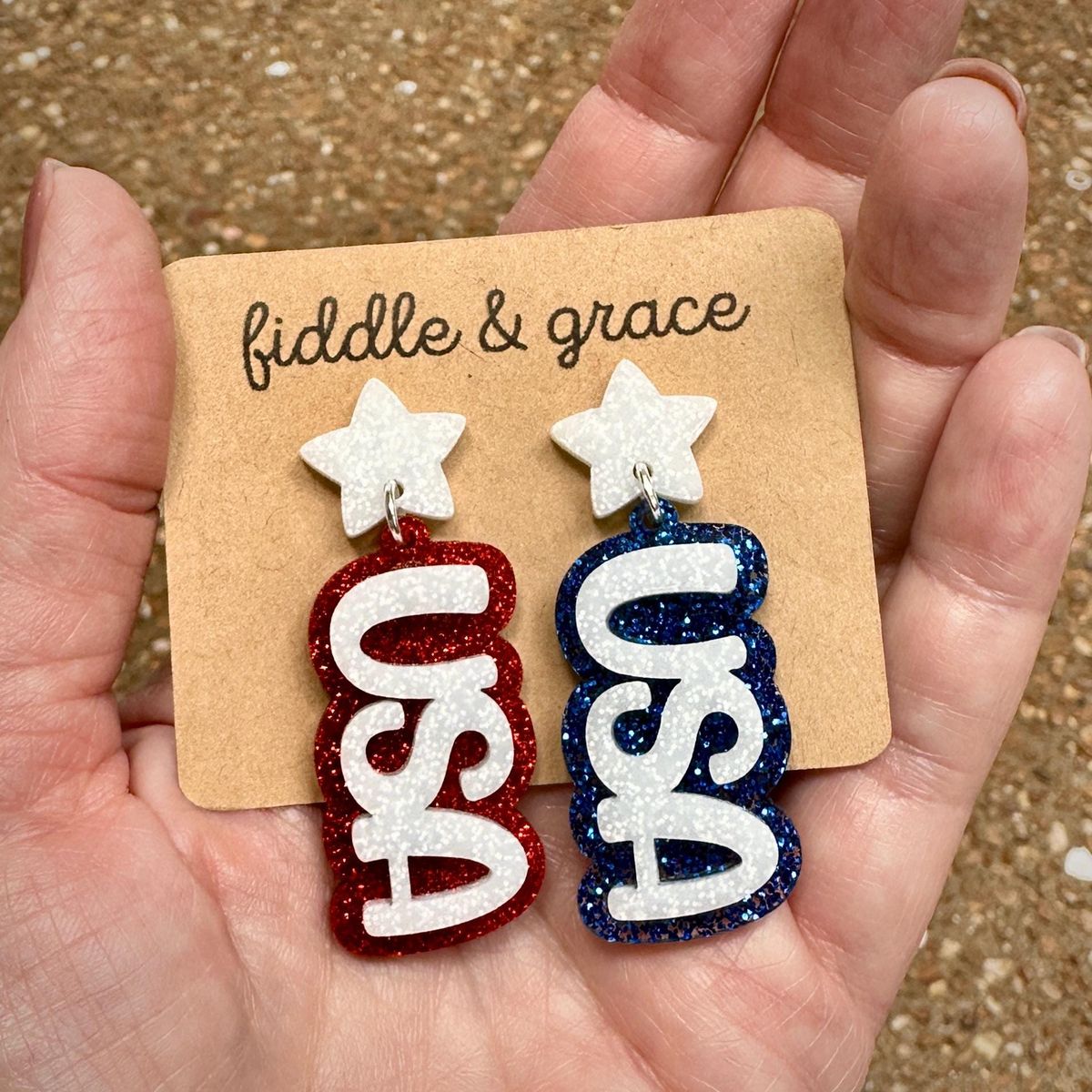 Red White Blue Flag Glitter Patriotic Earrings view 2
