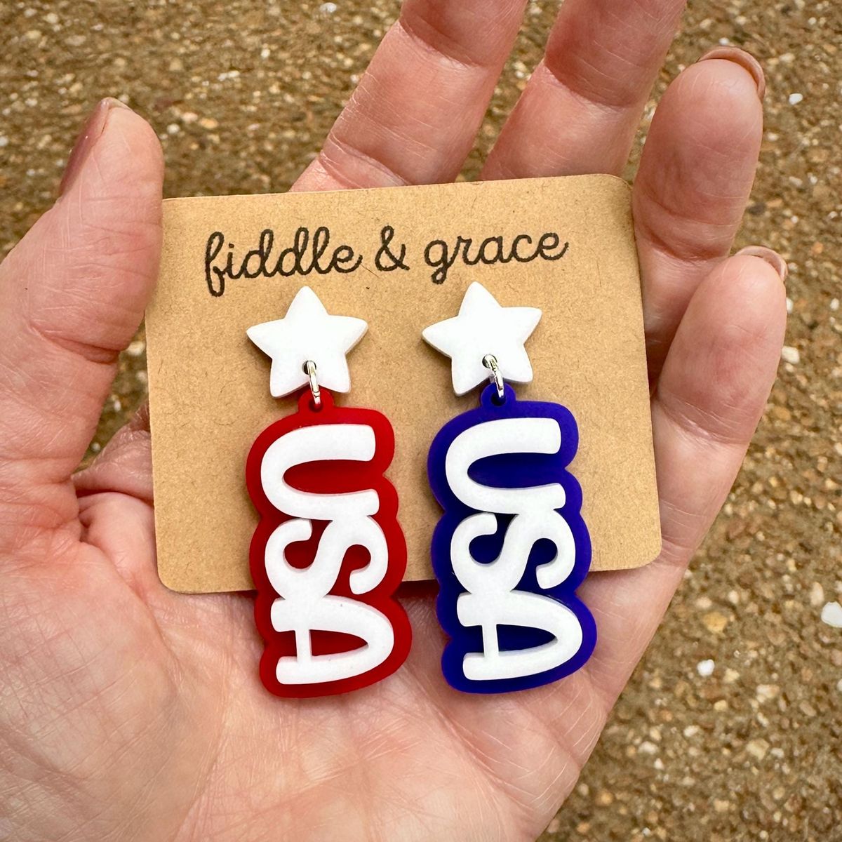 Red White Blue Wavy Acrylic Flag Earrings view 2