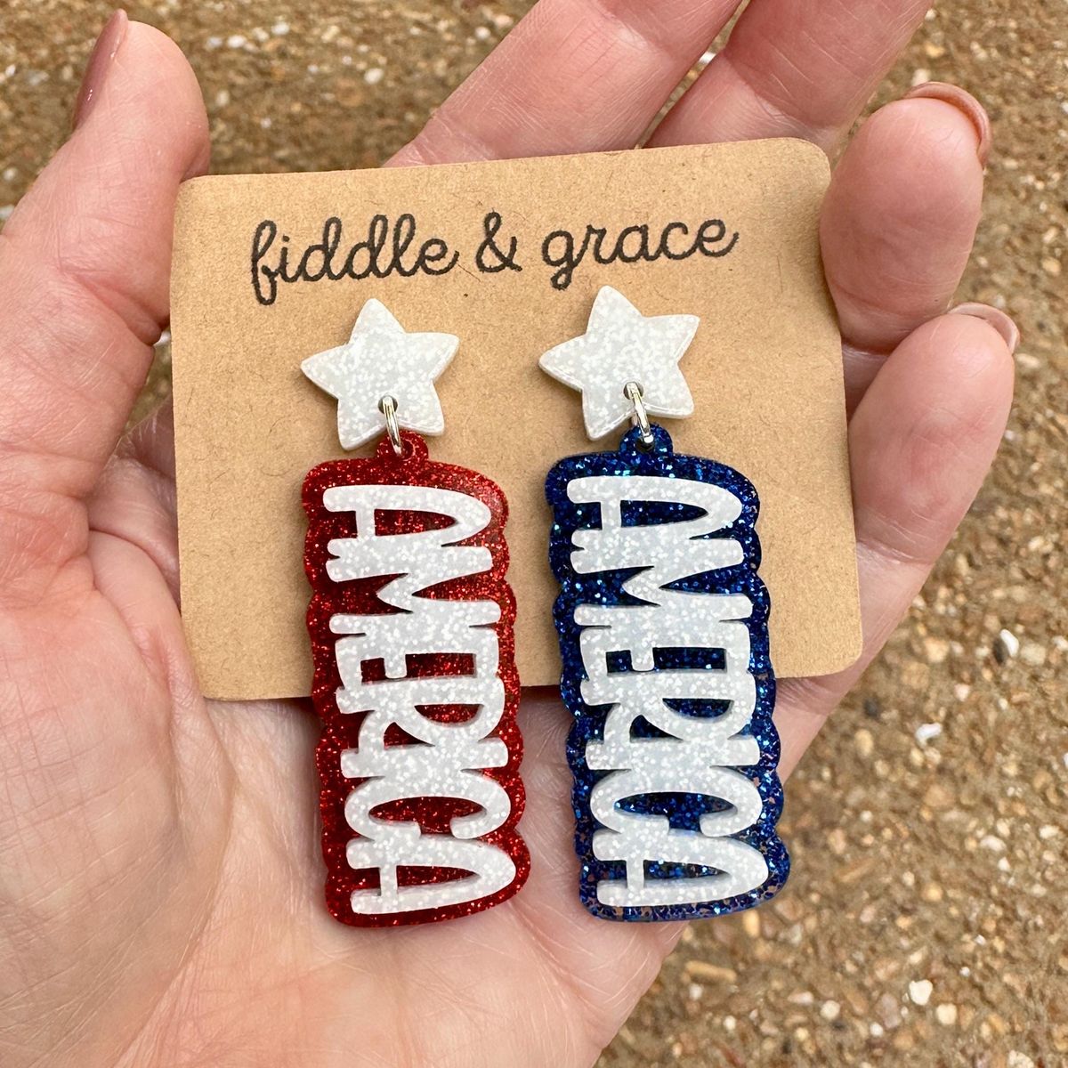 Red & Navy Glitter Patriotic Flag Acrylic Earrings view 2