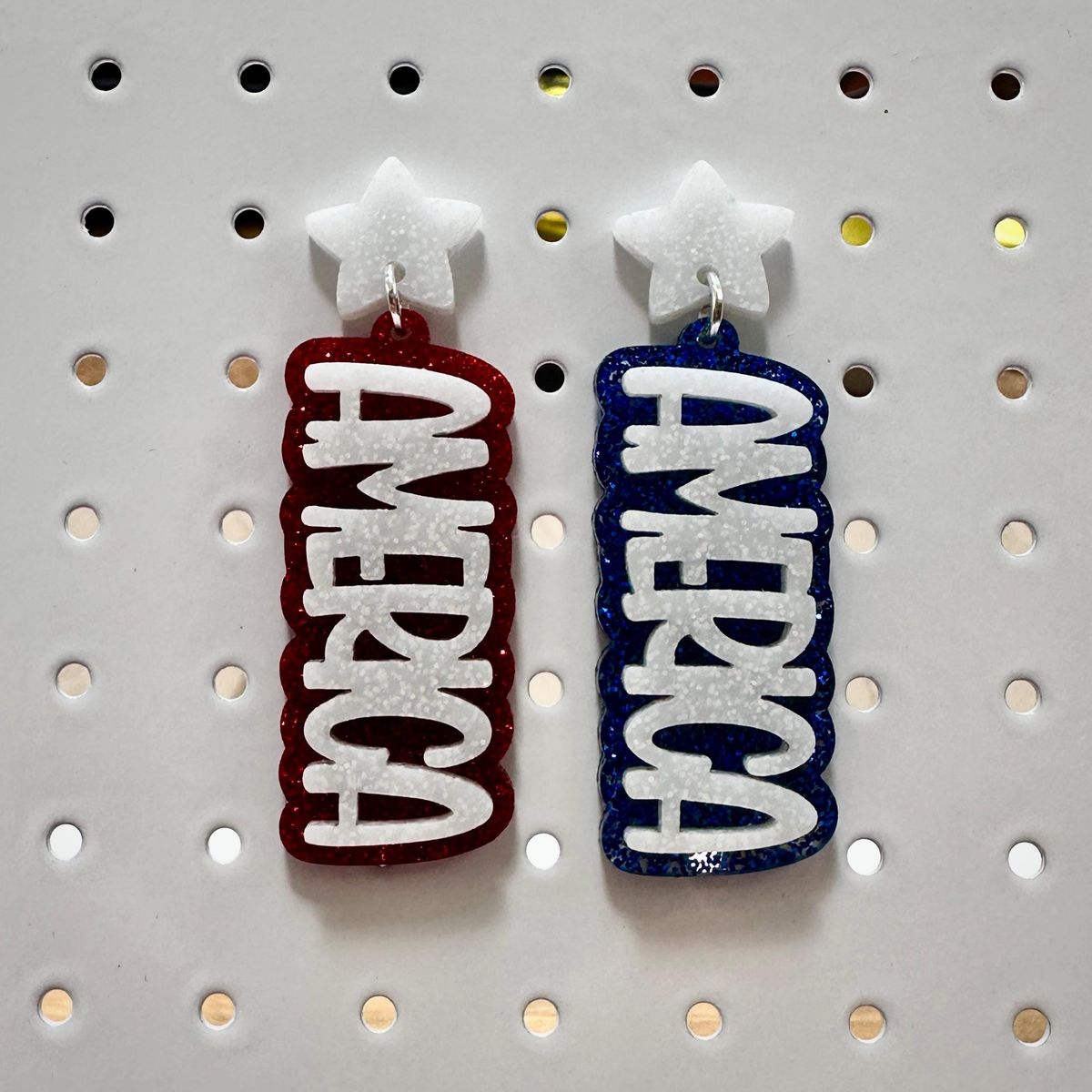 Red & Navy Glitter Patriotic Flag Acrylic Earrings view 3