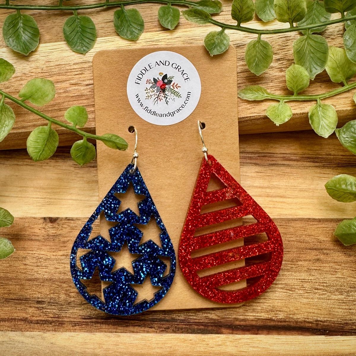Red & Navy Glitter Teardrop Patriotic Flag Earrings