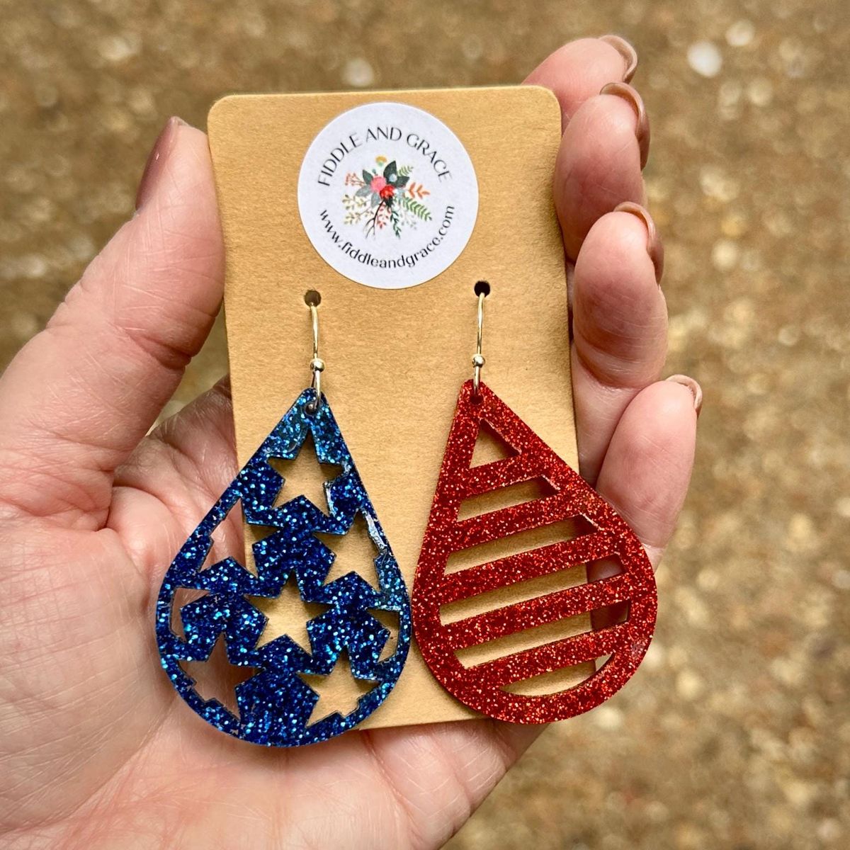 Red & Navy Glitter Teardrop Patriotic Flag Earrings view 2