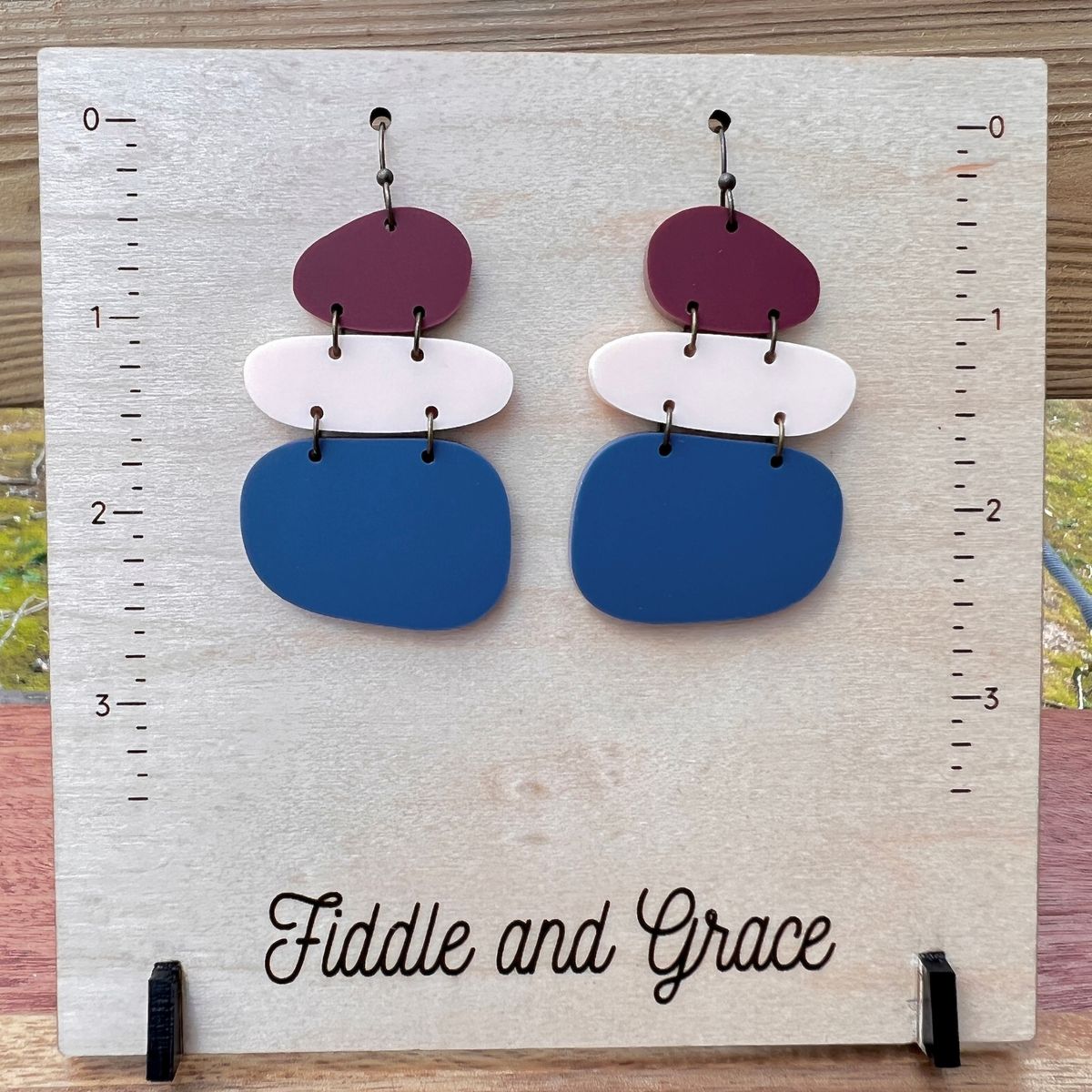 Wine & Periwinkle Scallop Boho Acrylic Earrings view 2
