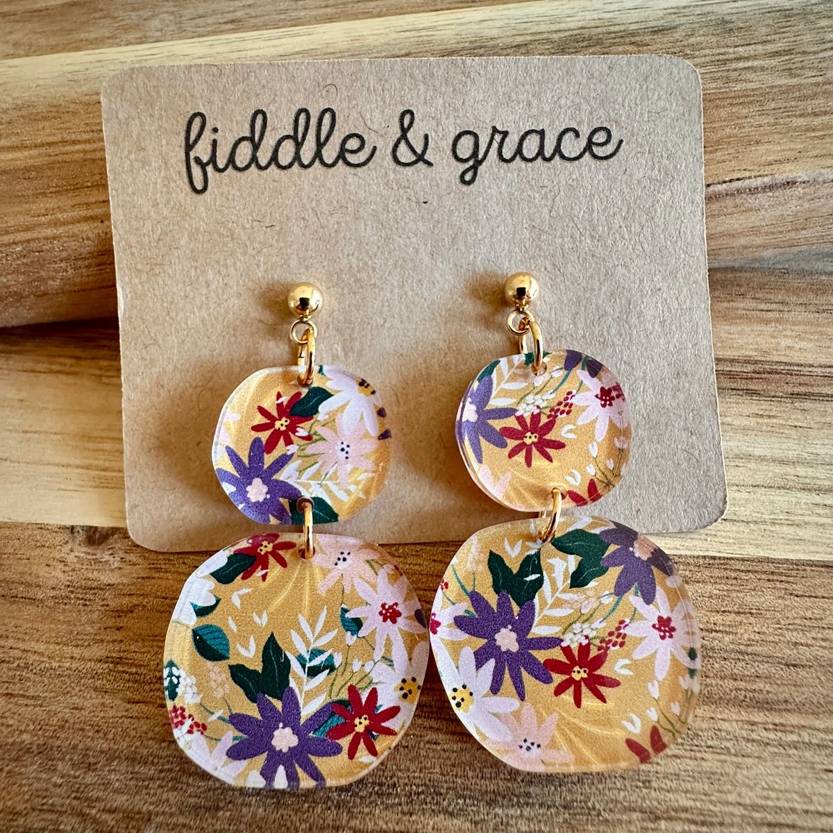 Mustard Yellow with Flowers Acrylic Earrings view 2
