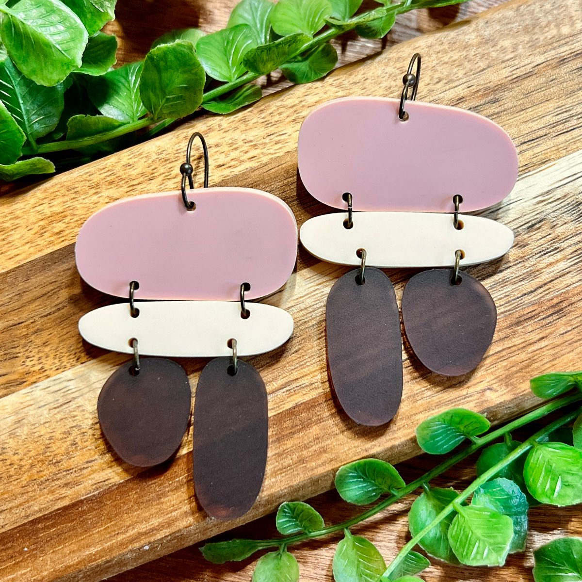 Blush Pink & Charcoal Layered Boho Acrylic Earrings view 2