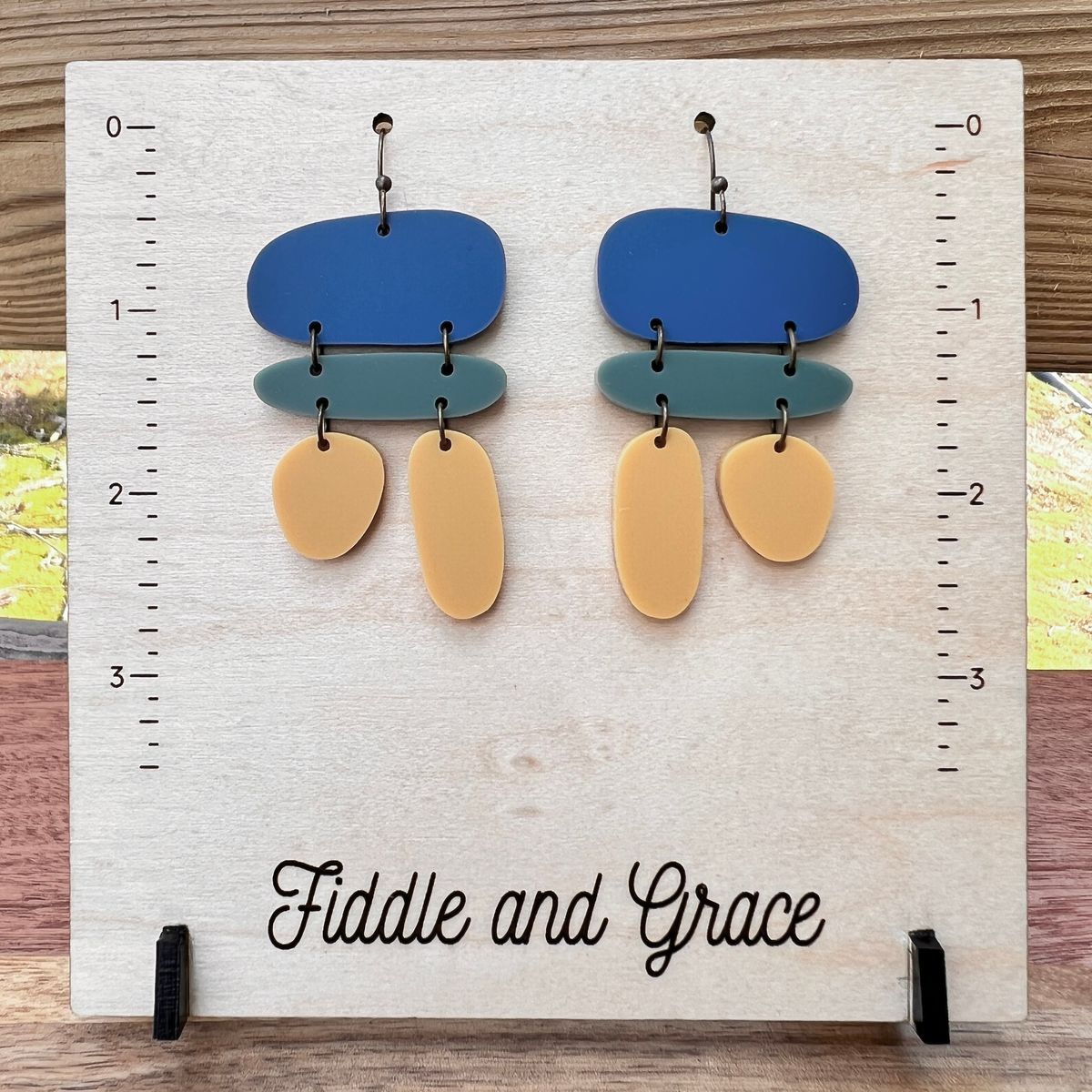 Navy, Sage & Yellow Ombre Acrylic Earrings view 2