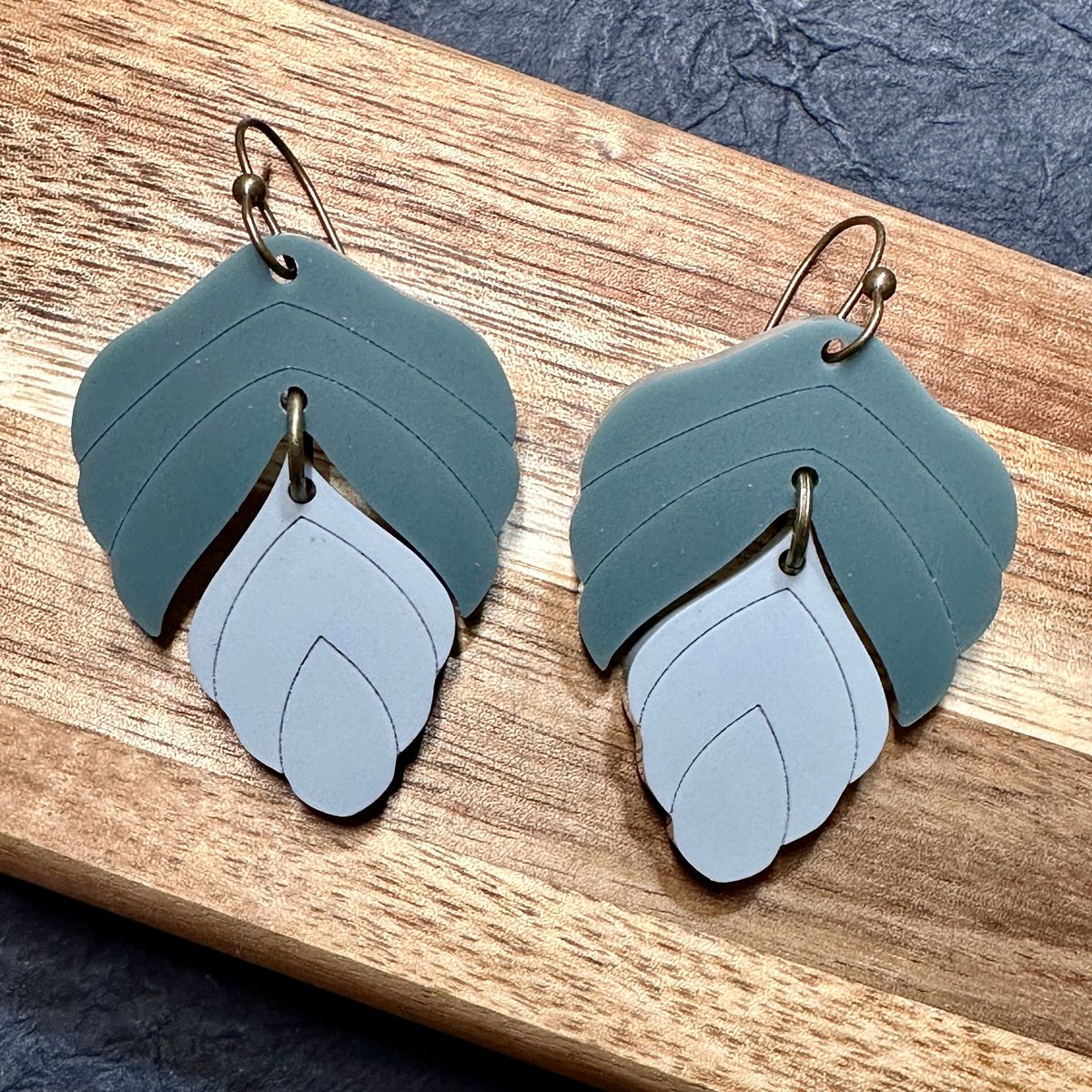 Teal & Gray Leaf Acrylic Earrings view 2