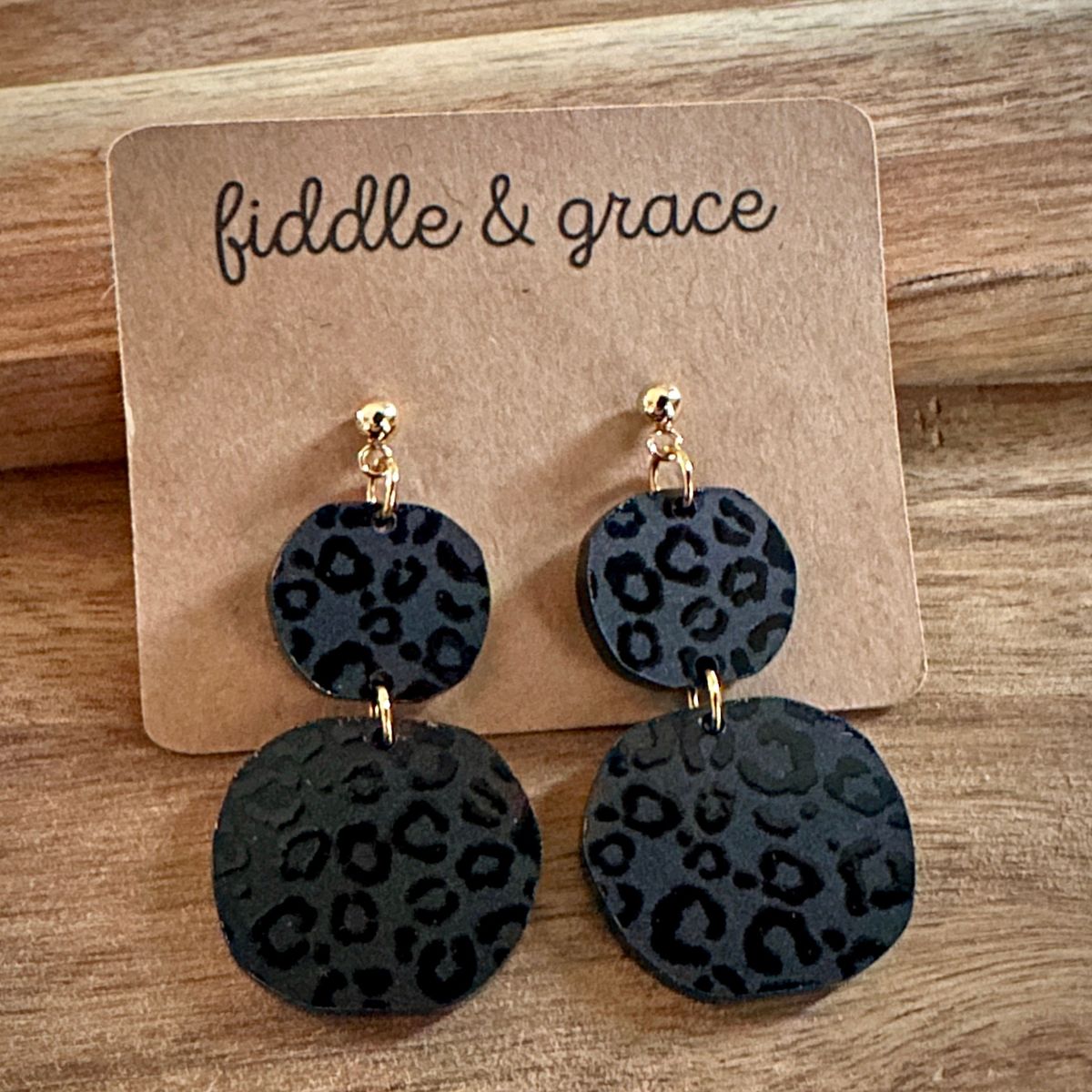 Wood and Black Acrylic Leopard Print Earrings