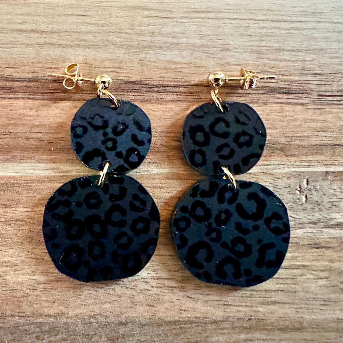 Wood and Black Acrylic Leopard Print Earrings view 2