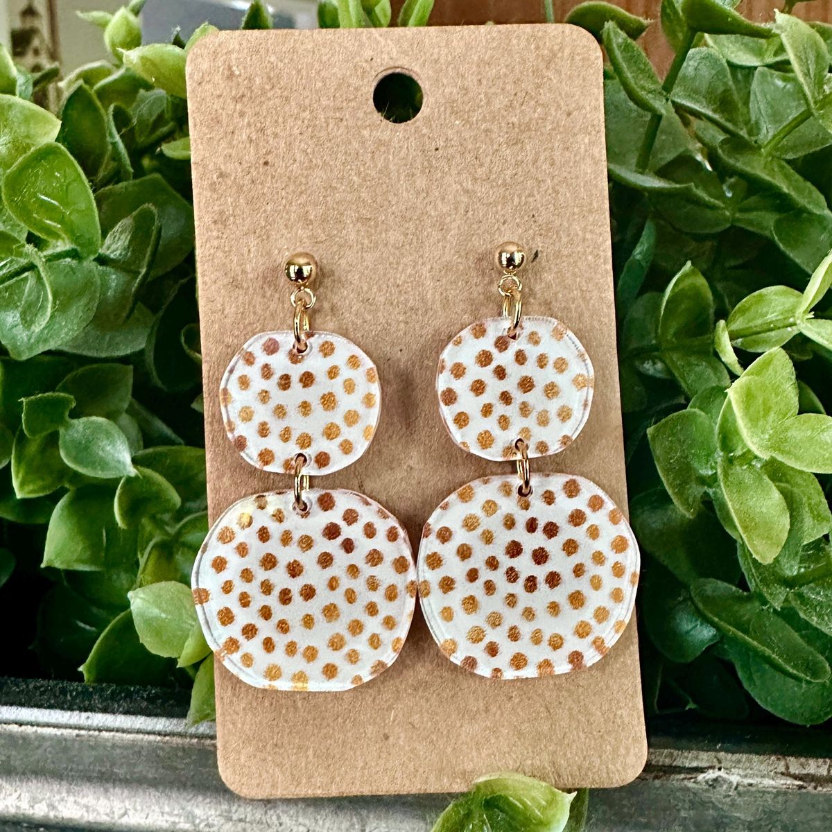 White with Gold Polka Dots Acrylic Earrings view 2