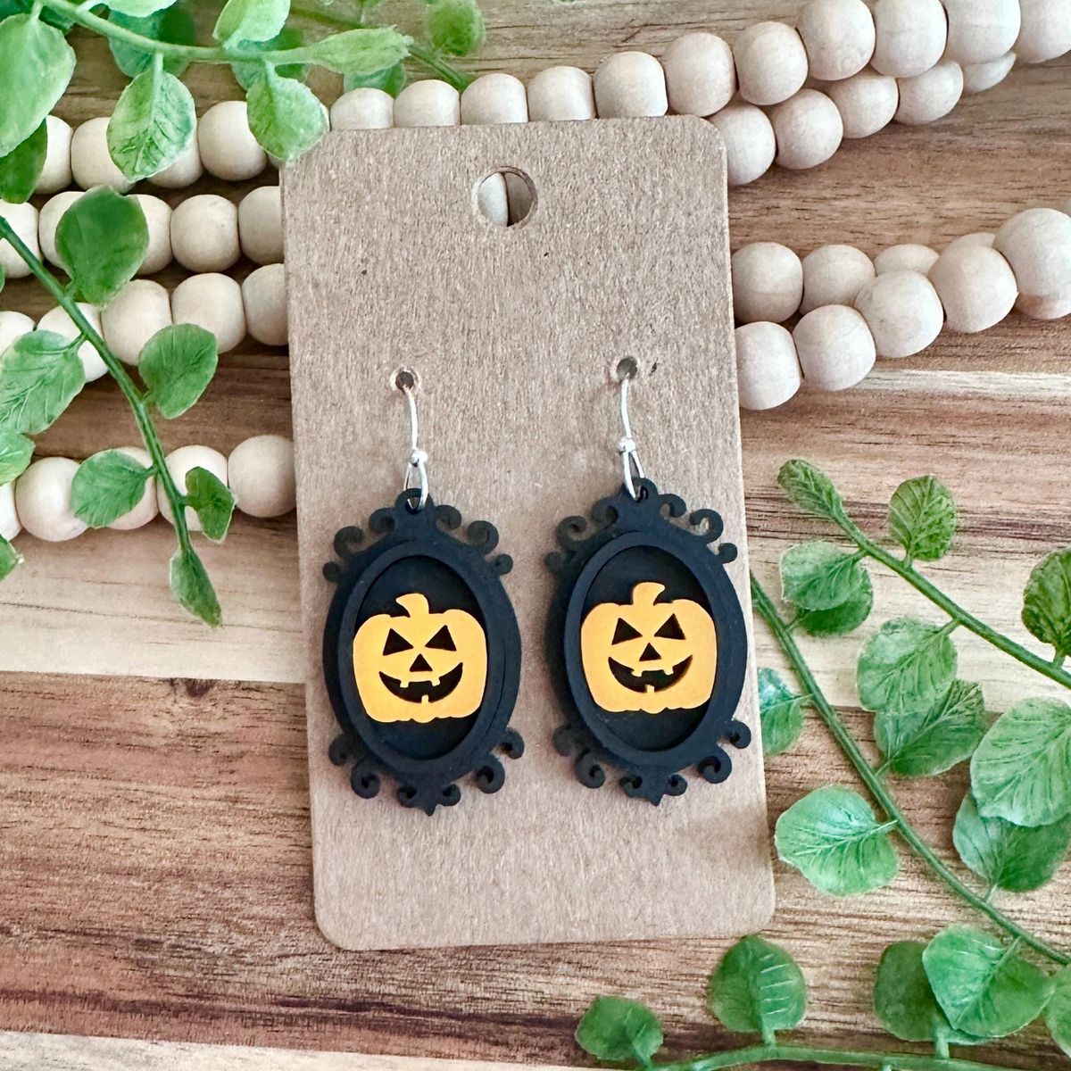 Black Ornate Jack O'Lantern Halloween Earrings view 2