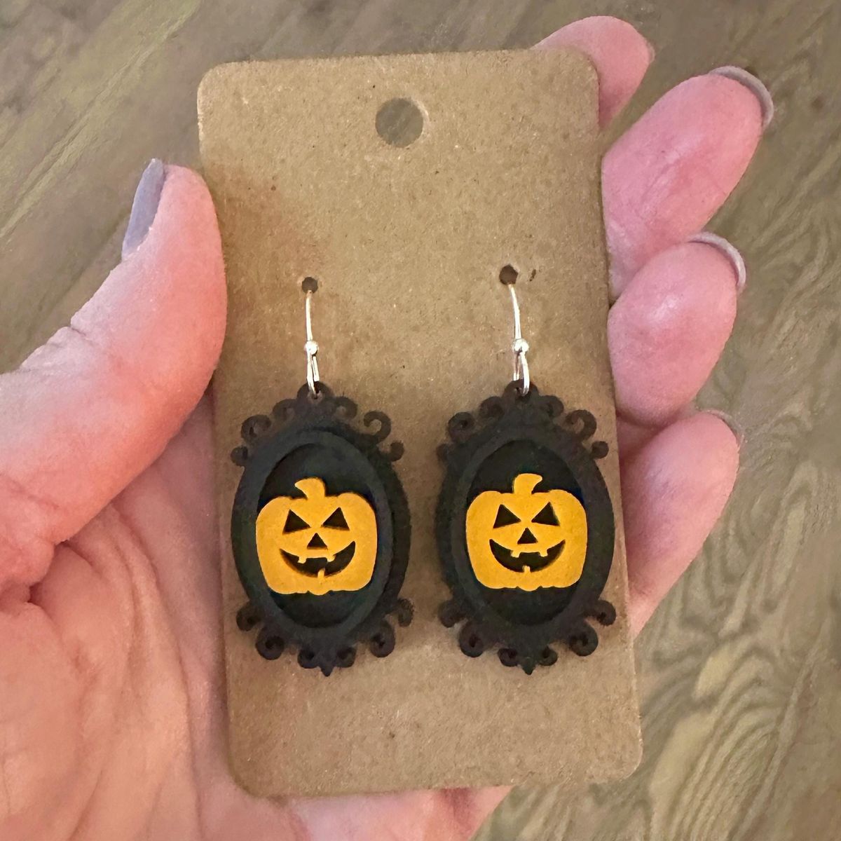 Black Ornate Jack O'Lantern Halloween Earrings view 3