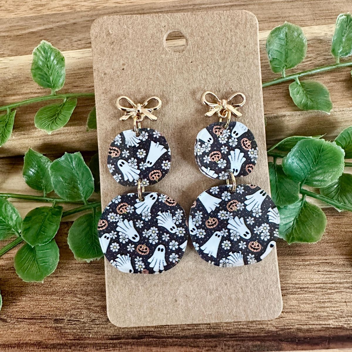 White Ghost Print Navy Acrylic Halloween Earrings