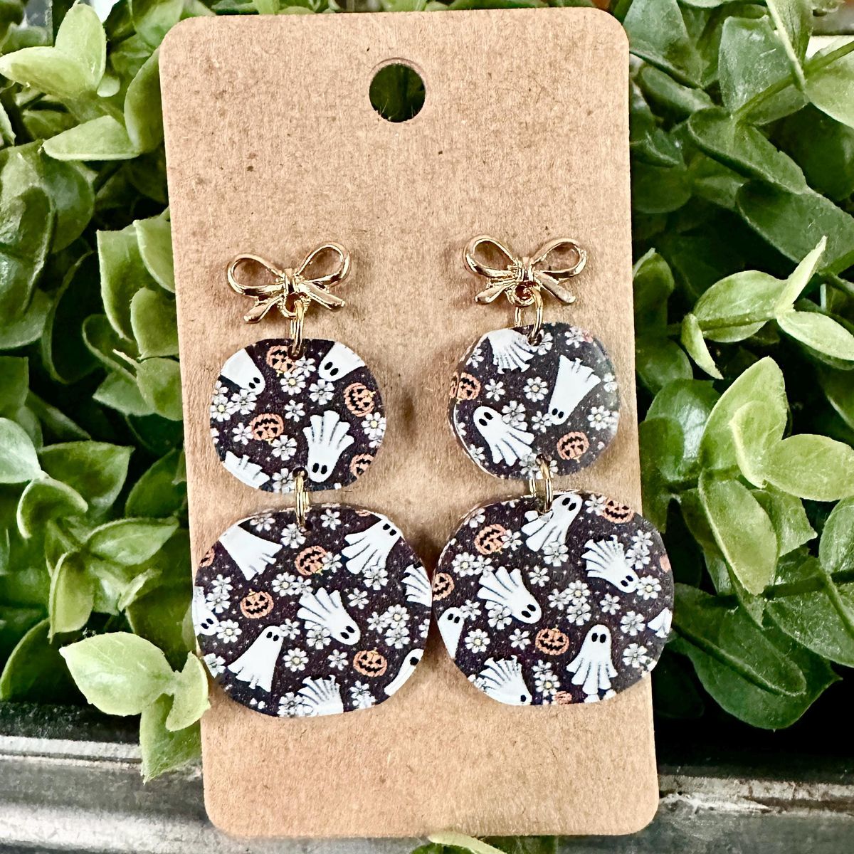 White Ghost Print Navy Acrylic Halloween Earrings view 2