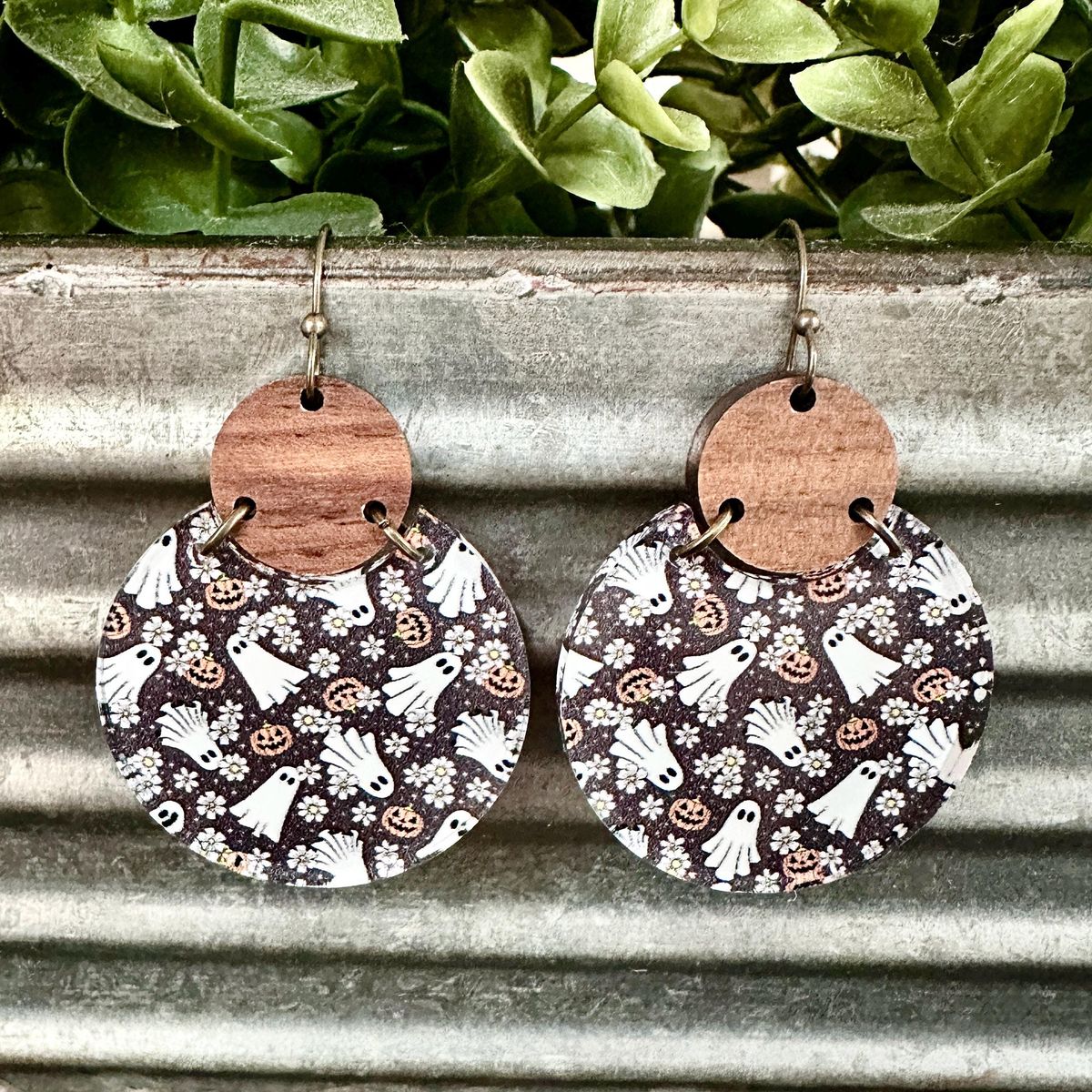 Orange Ghost Print Acrylic Halloween Earrings view 2