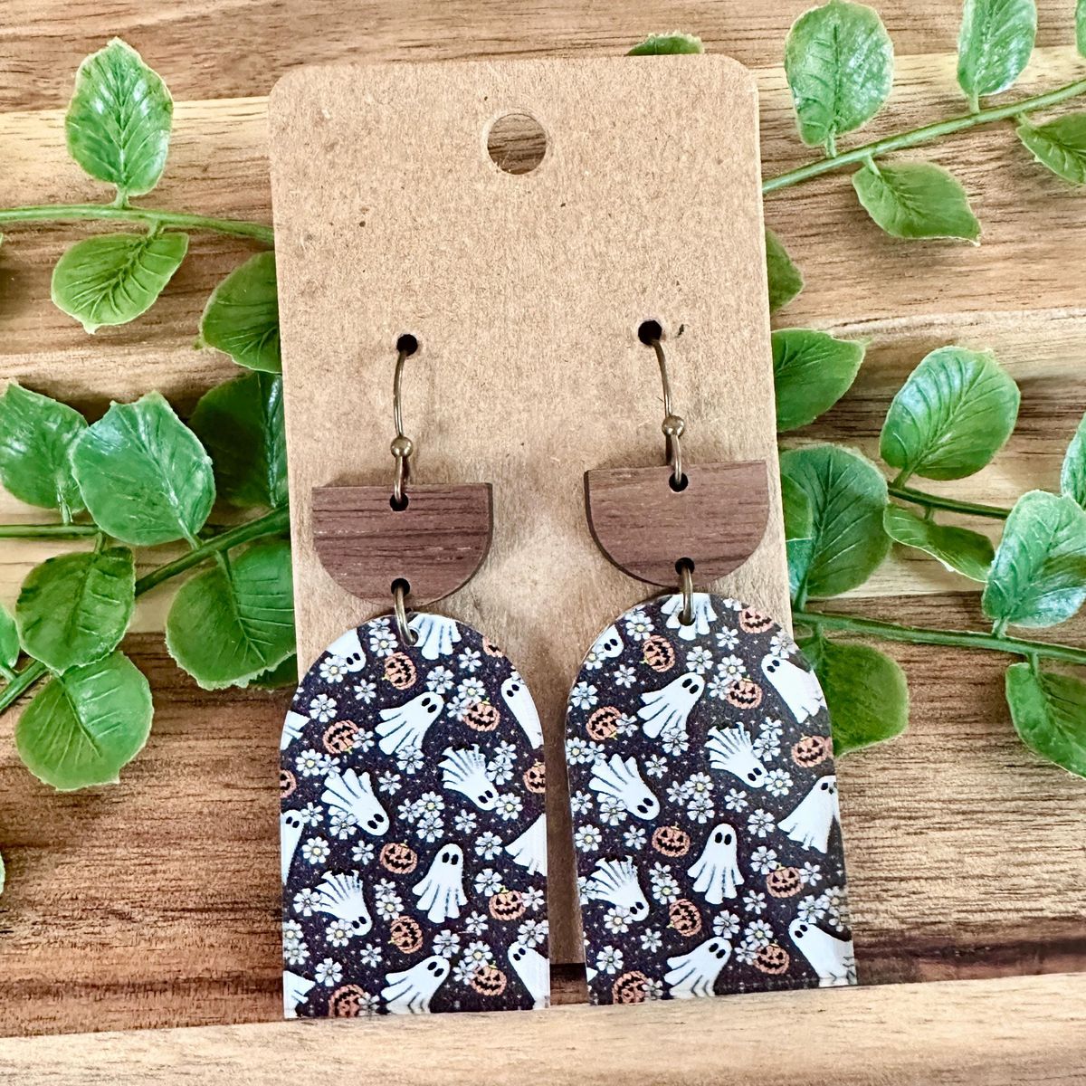 Black & White Ghost Print Wood & Acrylic Halloween Earrings