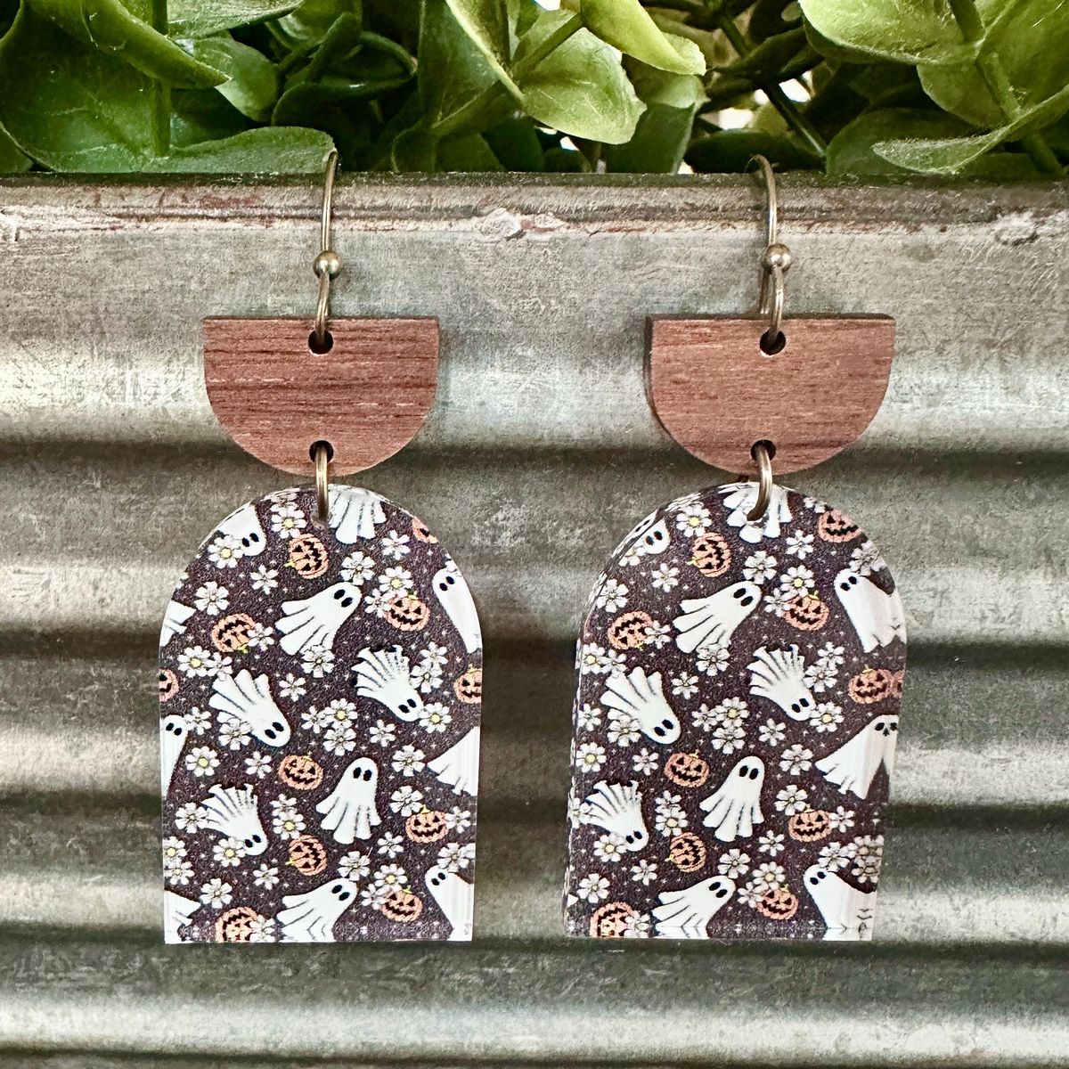Black & White Ghost Print Wood & Acrylic Halloween Earrings view 2