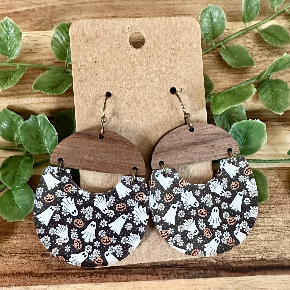 Black & White Ghost Pattern Arched Wood Halloween Earrings