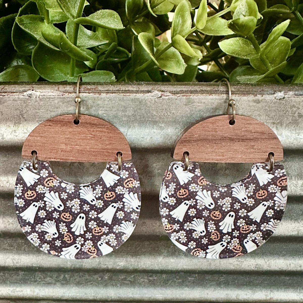Black & White Ghost Pattern Arched Wood Halloween Earrings view 2