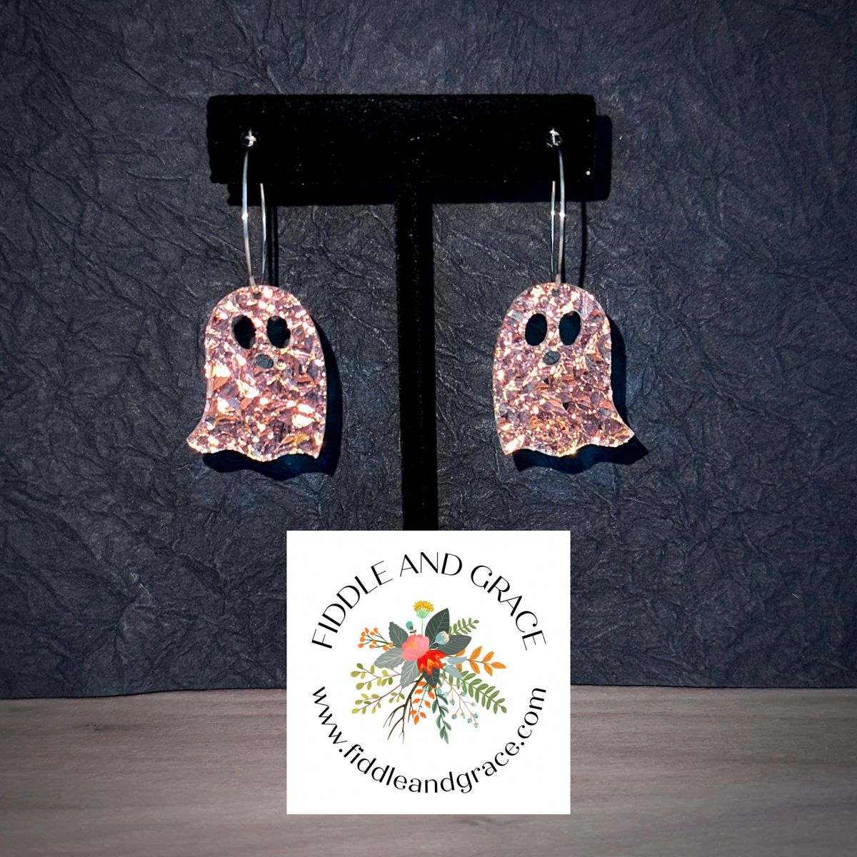 Rose Gold Glitter Ghost Halloween Earrings
