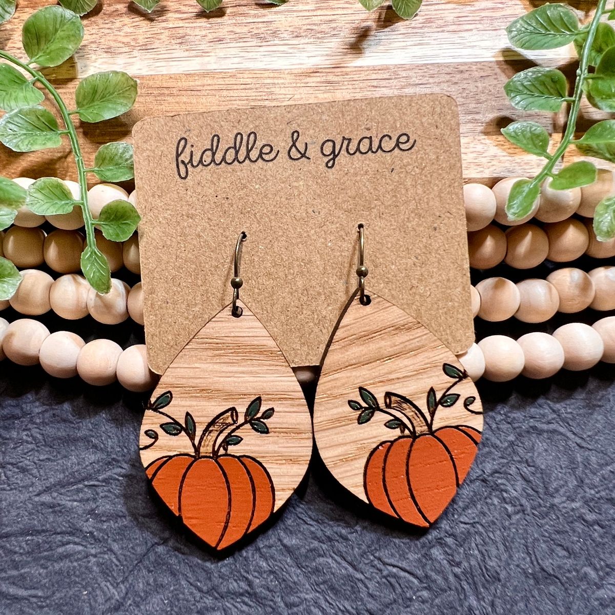 Wood Teardrop Pumpkin Halloween Earrings