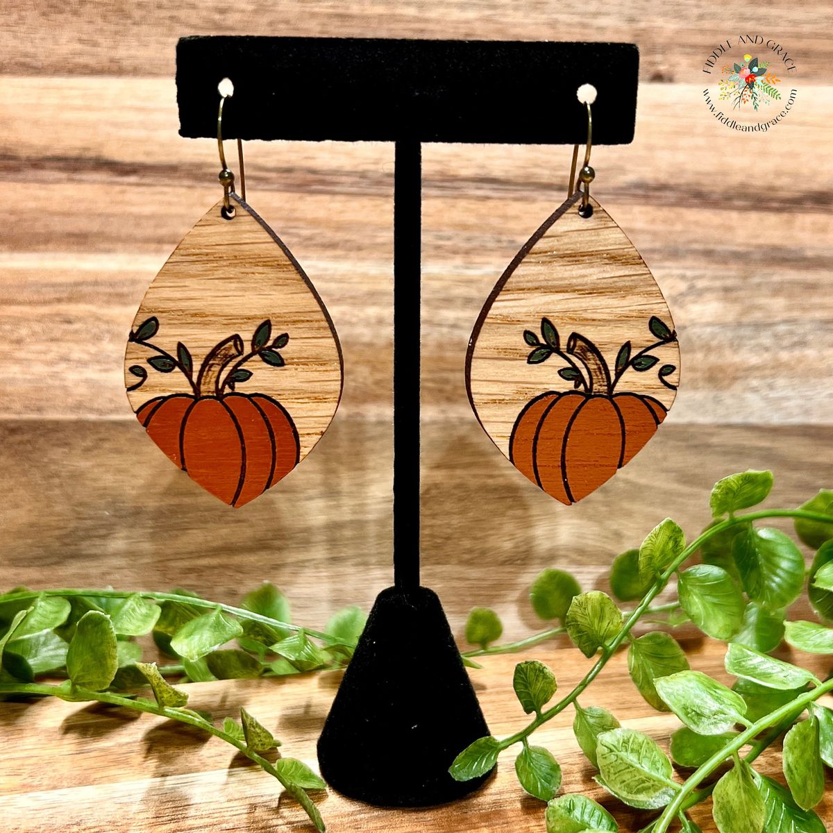 Wood Teardrop Pumpkin Halloween Earrings view 2