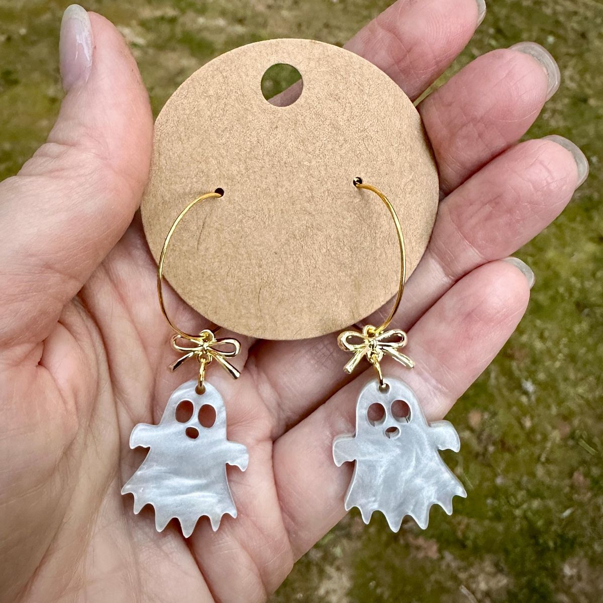 White Ghost Halloween Earrings view 2
